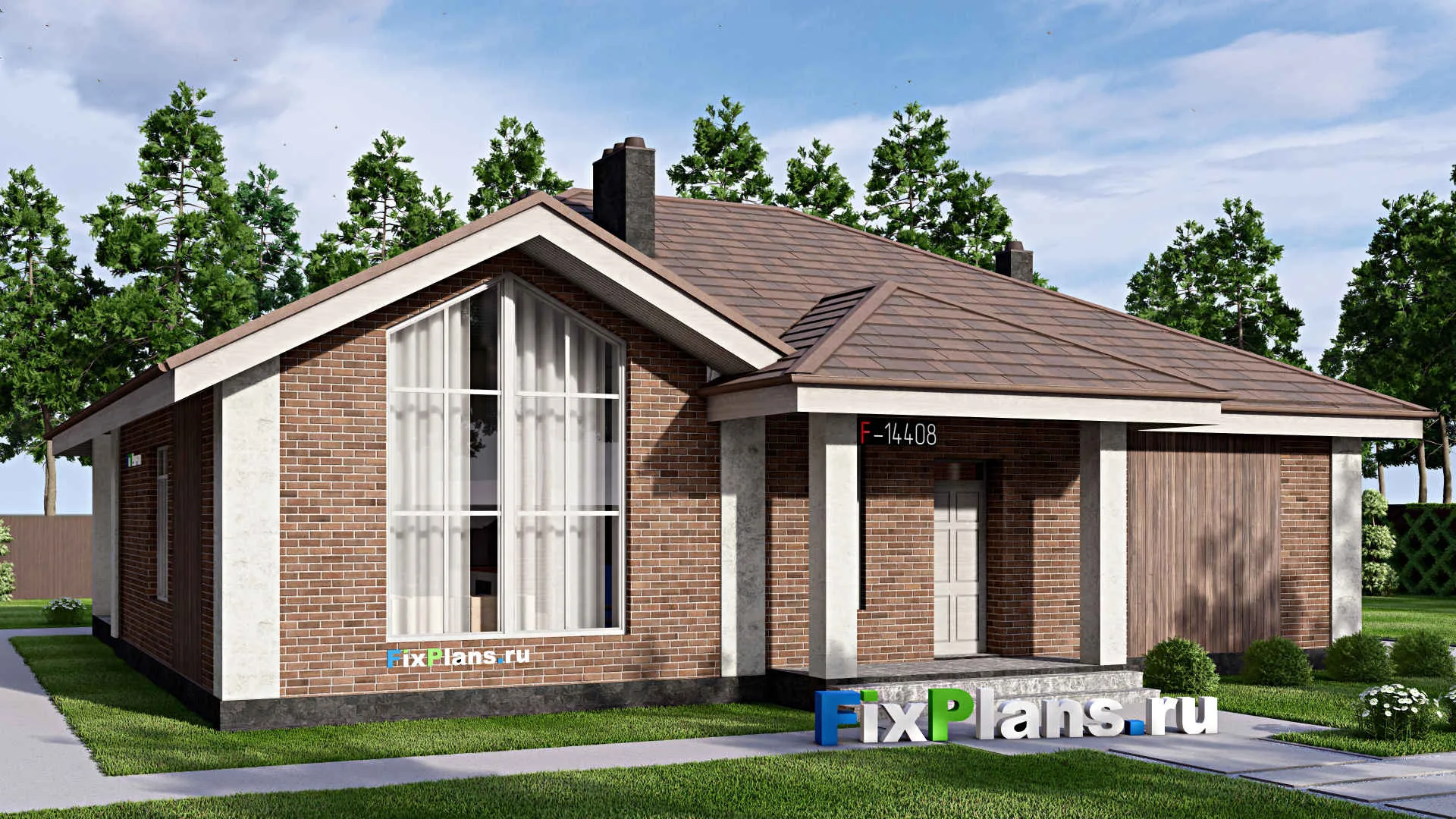 F-14408 - Проект одноэтажного дома 16 на 16, площадью 160 м² с террасой и 3 спальнями