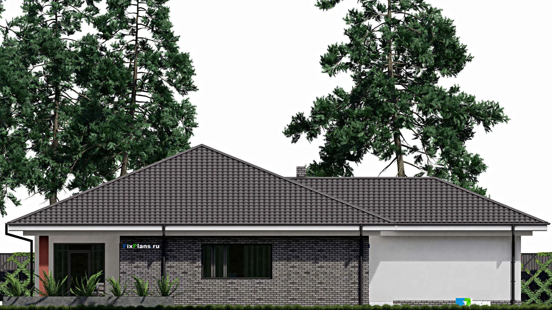 F-0647 - Проект одноэтажного дома 16 на 21, площадью 230 м² с террасой, гаражом на 2 машины и 3 спальнями