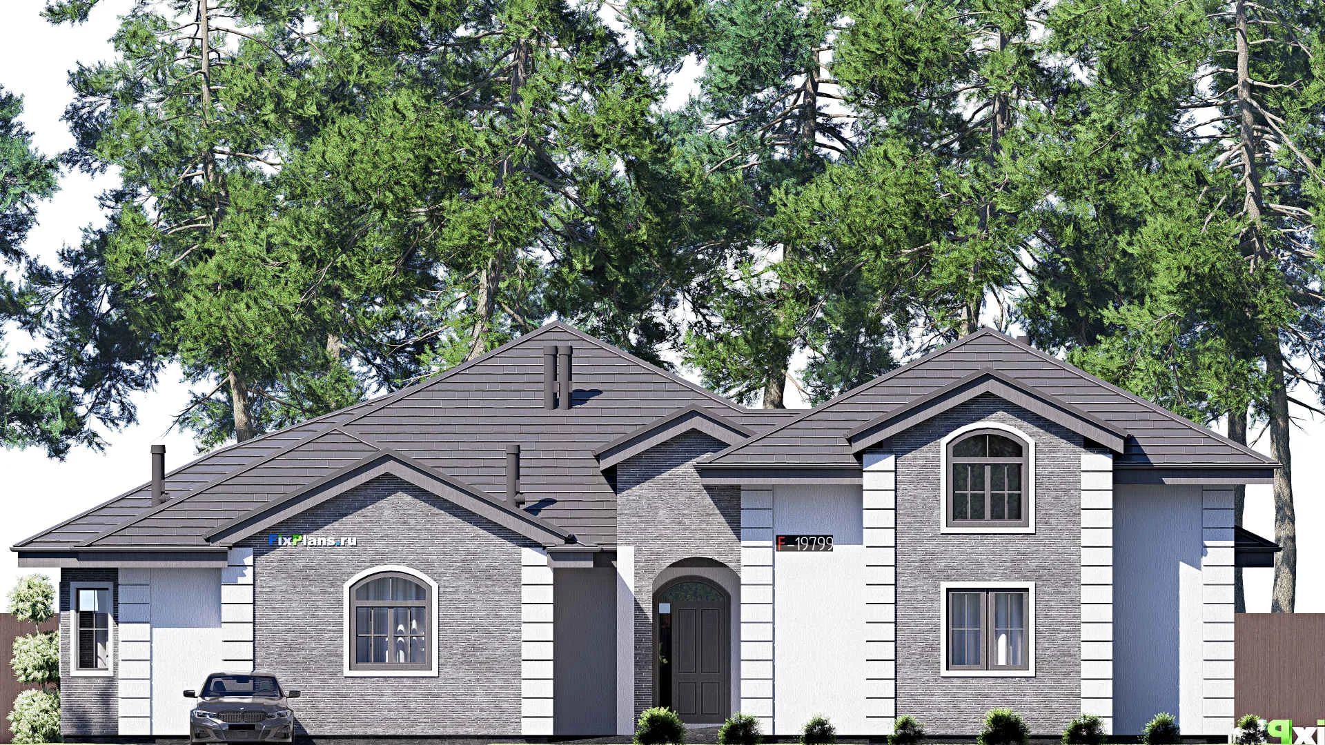 F-19799 - Проект дома с мансардой 21 на 29, площадью 410 м² с террасой, гаражом на 2 машины и 3 спальнями
