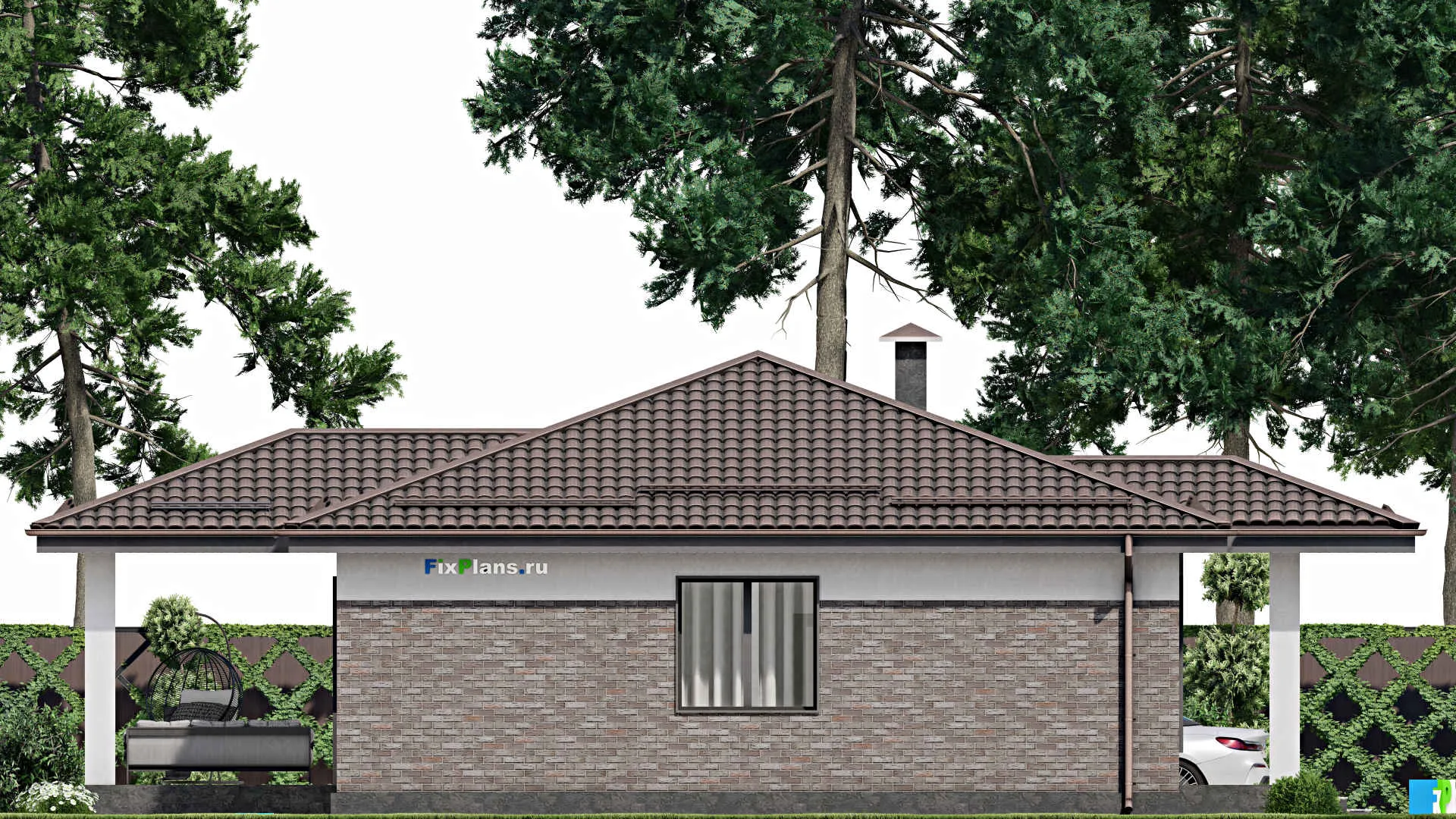 F-3428 - Проект одноэтажного дома 11 на 12, площадью 120 м² с террасой и 3 спальнями