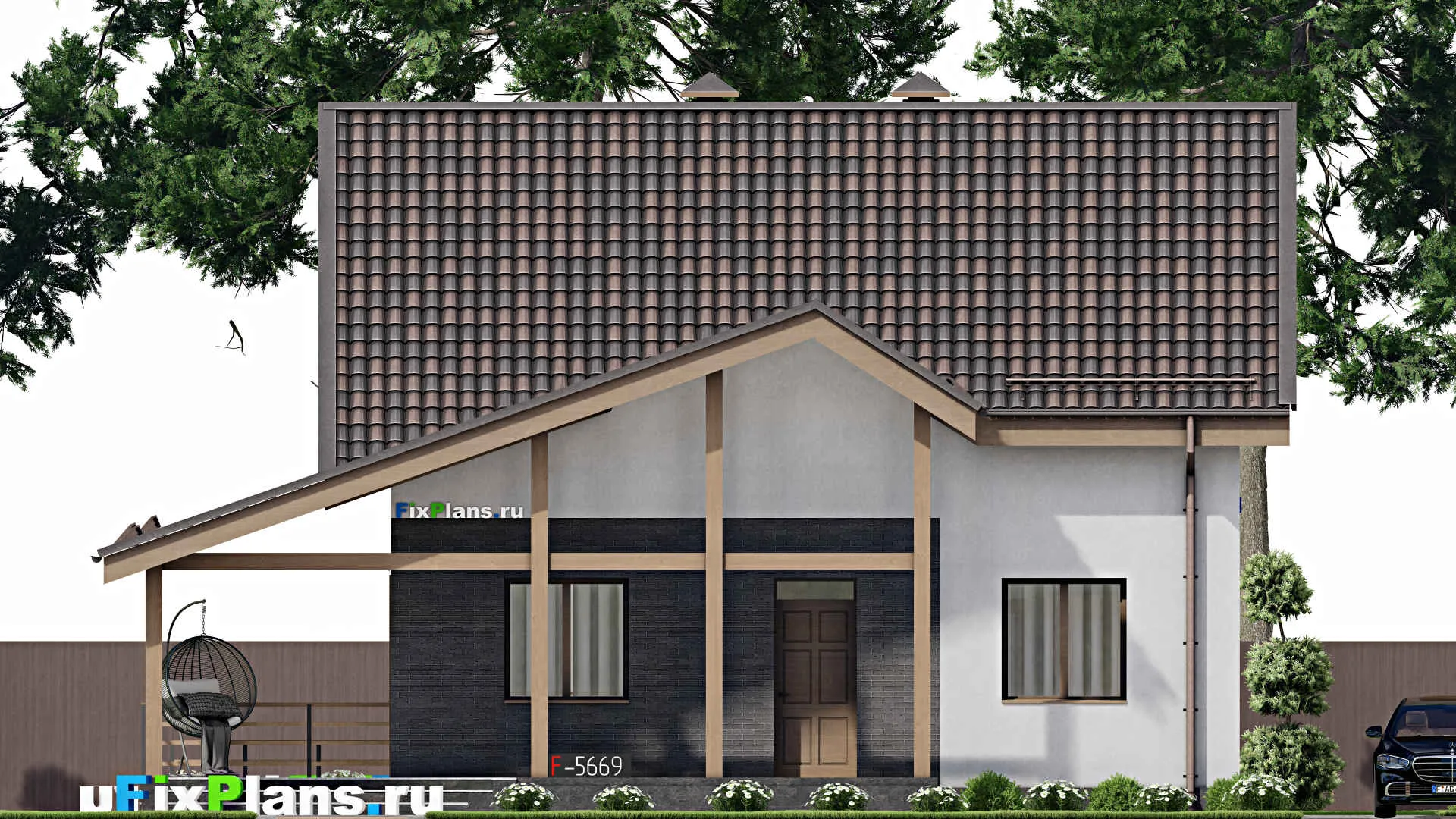 F-5669 - Проект дома с мансардой 9 на 11, площадью 220 м² с террасой, цокольным этажом и 3 спальнями