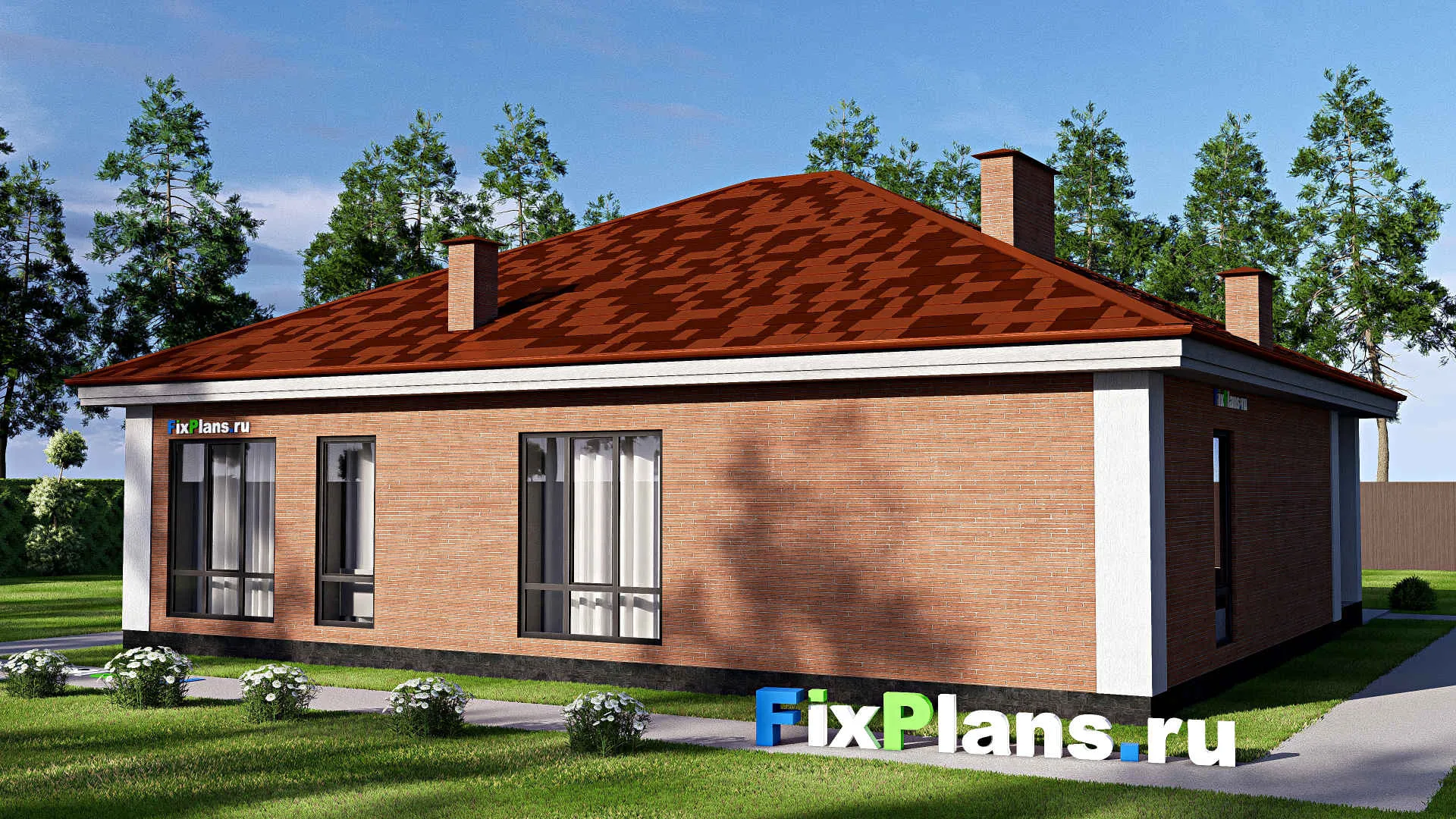 F-18251 - Проект одноэтажного дома 13 на 15, площадью 150 м² с террасой и 3 спальнями