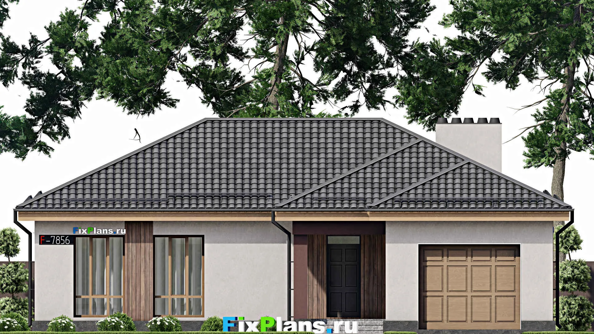 F-7856 - Проект одноэтажного дома 15 на 16, площадью 150 м² с террасой, гаражом на 1 машину и 2 спальнями