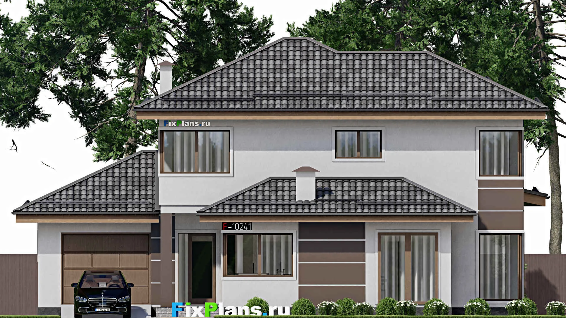 F-10241 - Проект двухэтажного дома 14 на 17, площадью 220 м² с террасой, гаражом на 1 машину и 3 спальнями