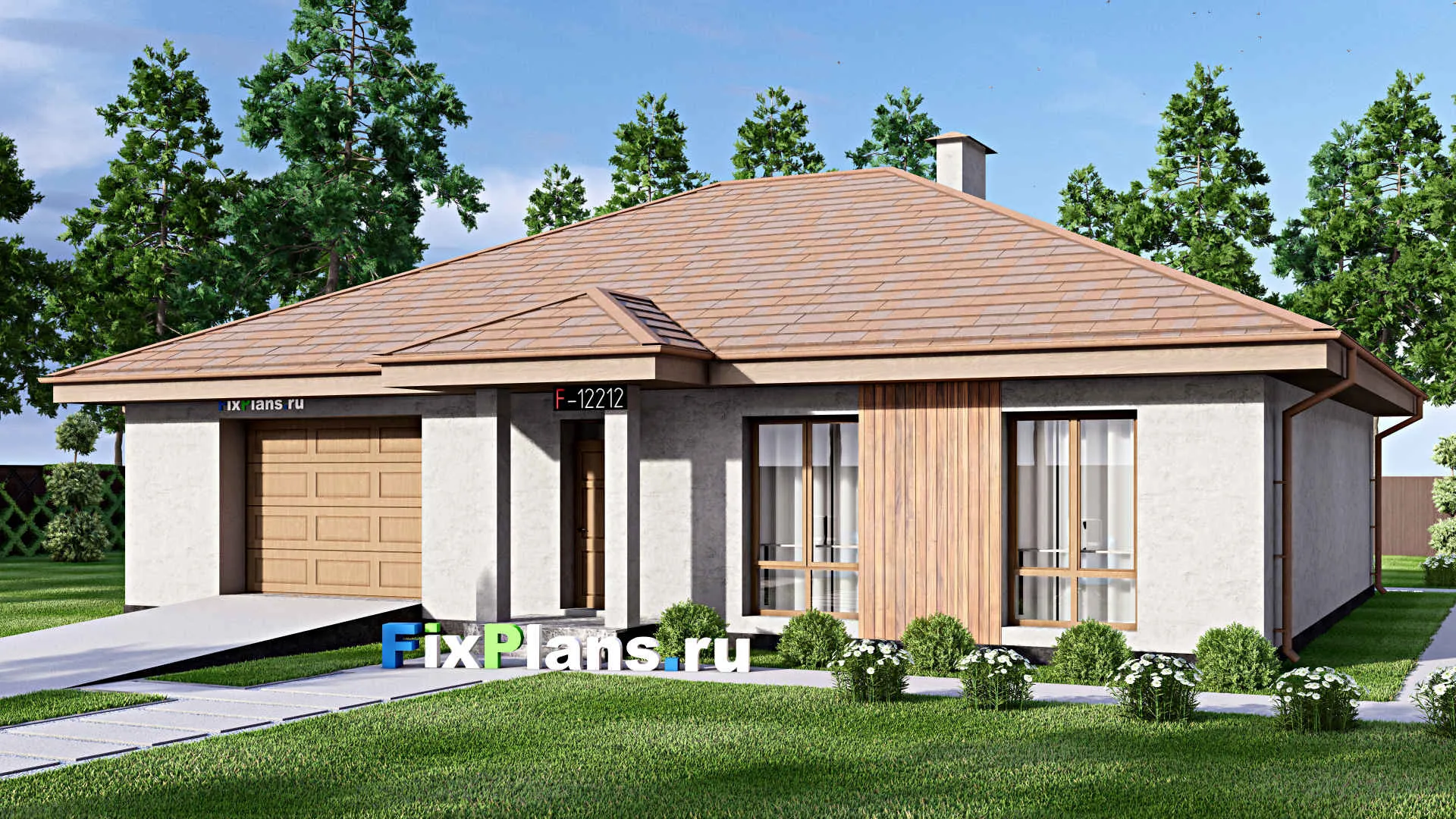 F-12212 - Проект одноэтажного дома 15 на 16, площадью 170 м² с гаражом на 2 машины и 3 спальнями