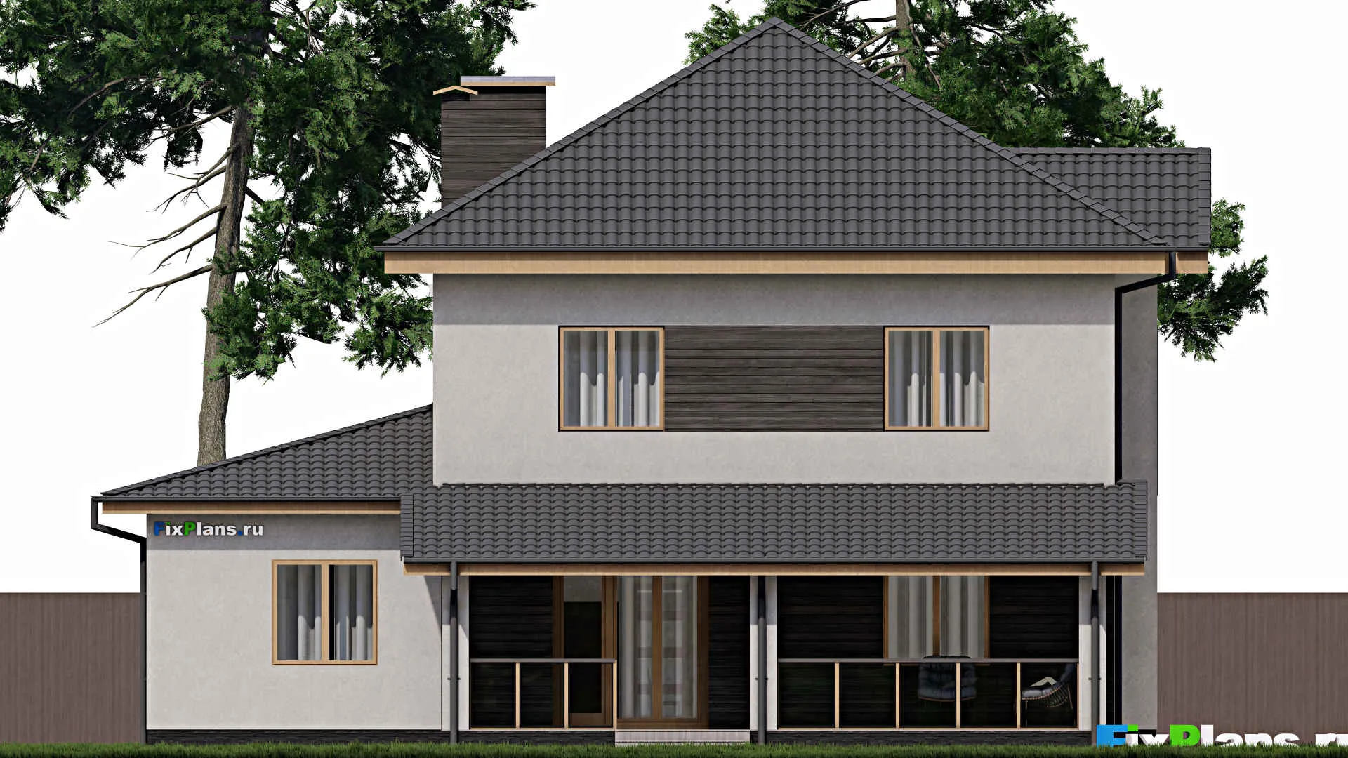 F-0278i - Проект двухэтажного дома 12 на 15, площадью 220 м² с террасой, гаражом на 1 машину и 3 спальнями