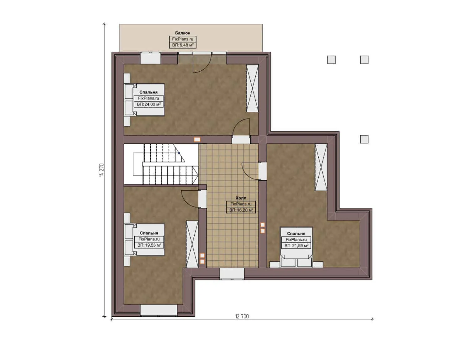 F-9224 - Планы дома с мансардой 13 на 13, площадью 210 м² с террасой, балконом и 3 спальнями