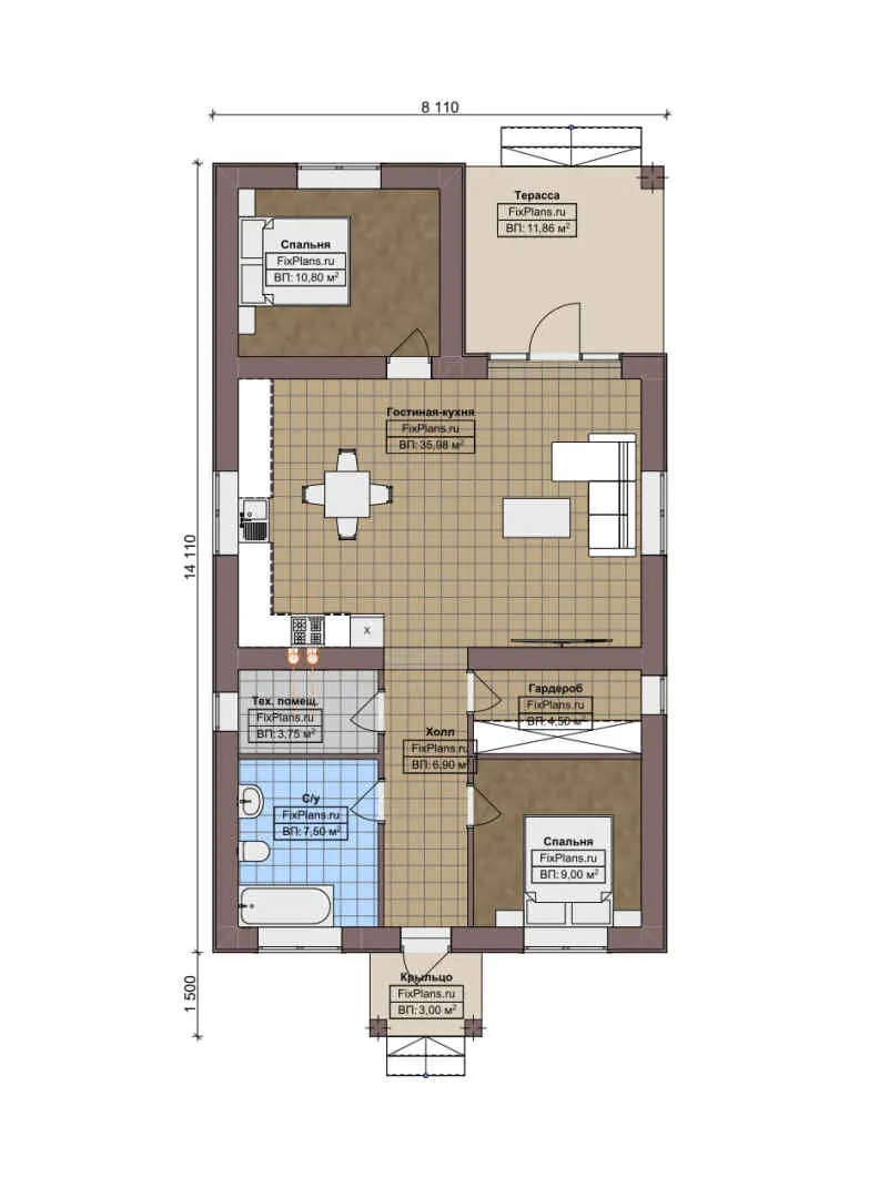 F-7388 - План одноэтажного дома 9 на 15, площадью 100 м² с террасой и 2 спальнями
