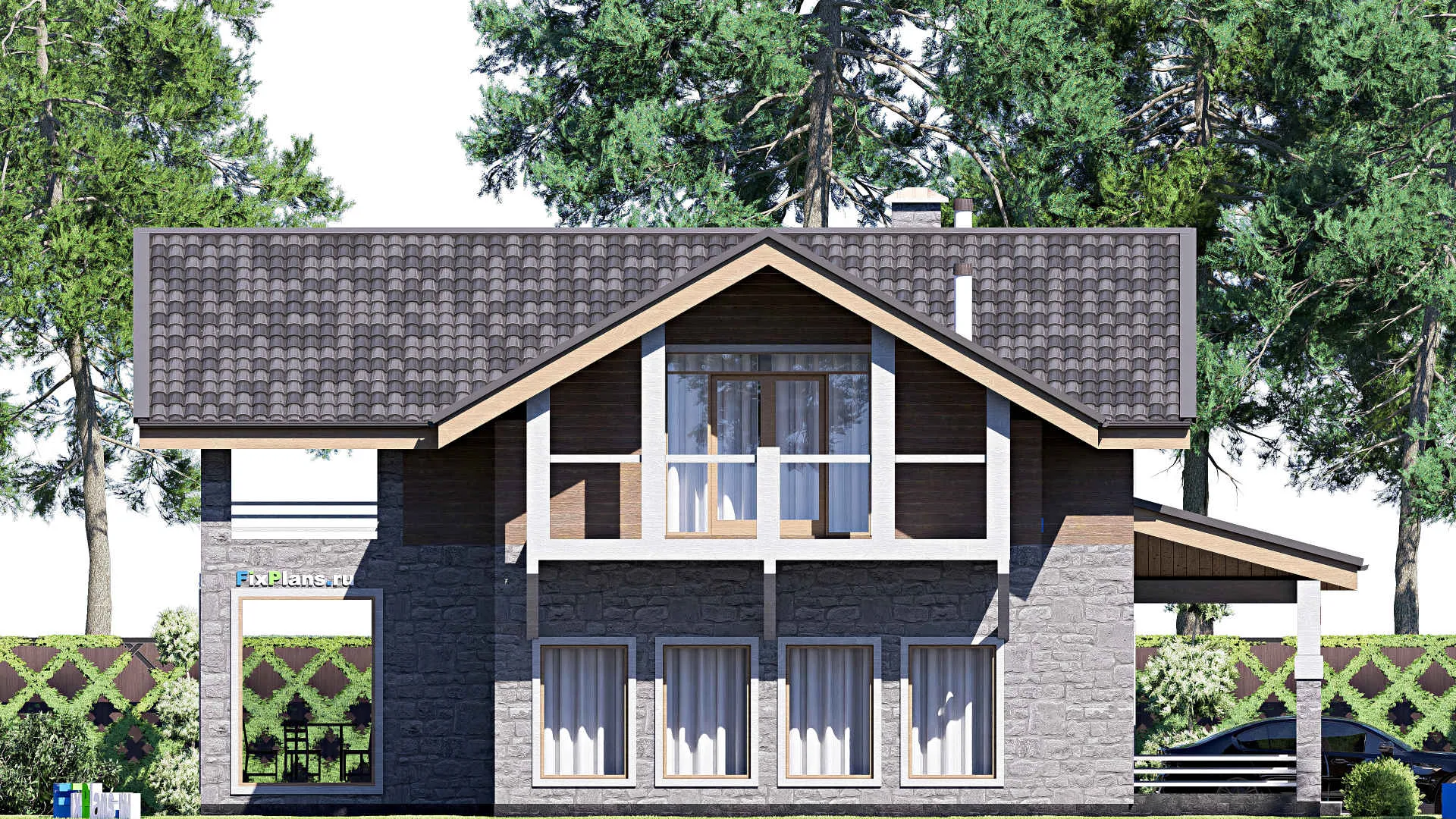 F-20078 - Проект дома с мансардой 15 на 15, площадью 260 м² с террасой, балконом и 3 спальнями