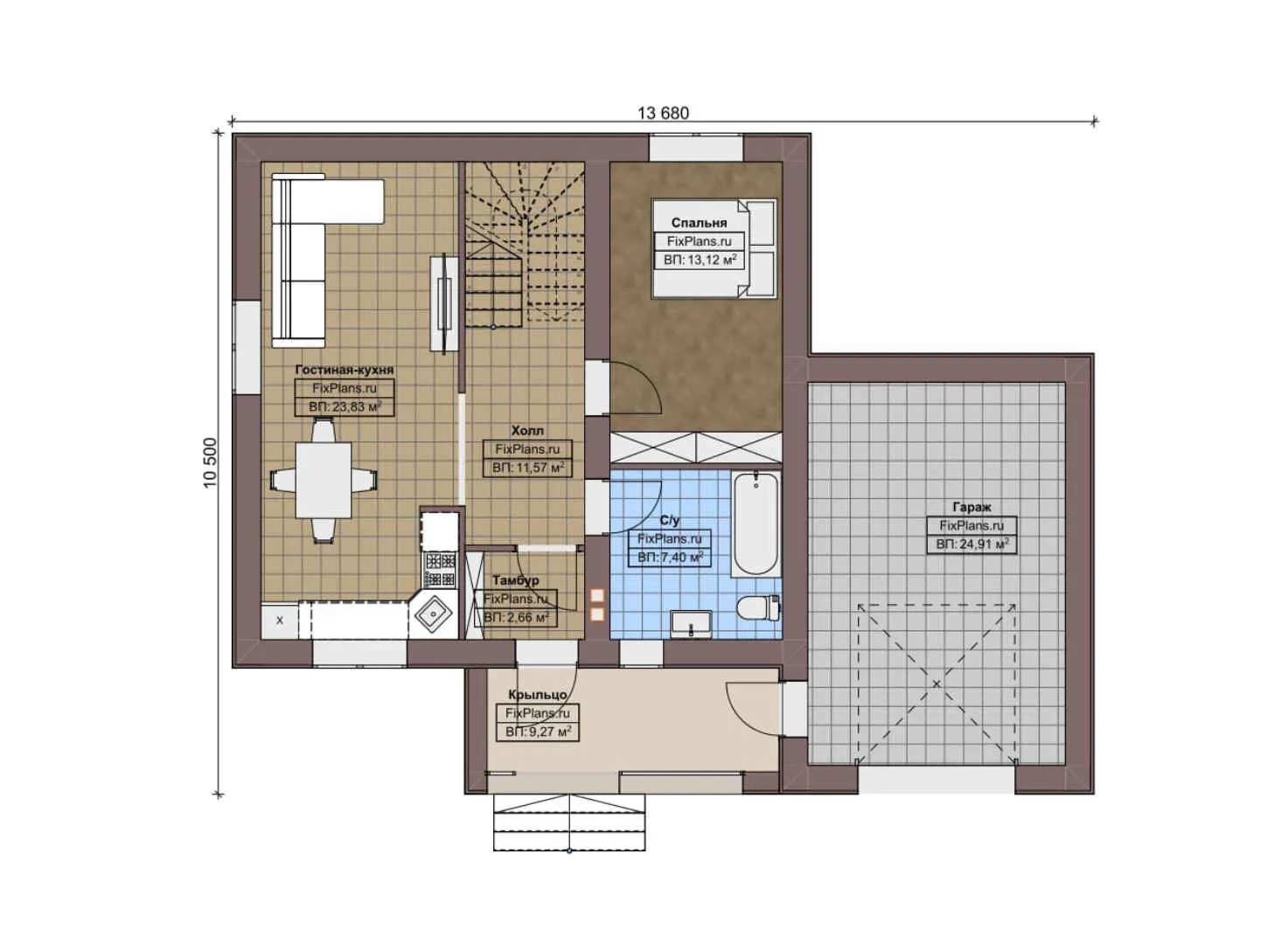 F-5795 - Планы дома с мансардой 11 на 14, площадью 150 м² с гаражом на 1 машину и 3 спальнями