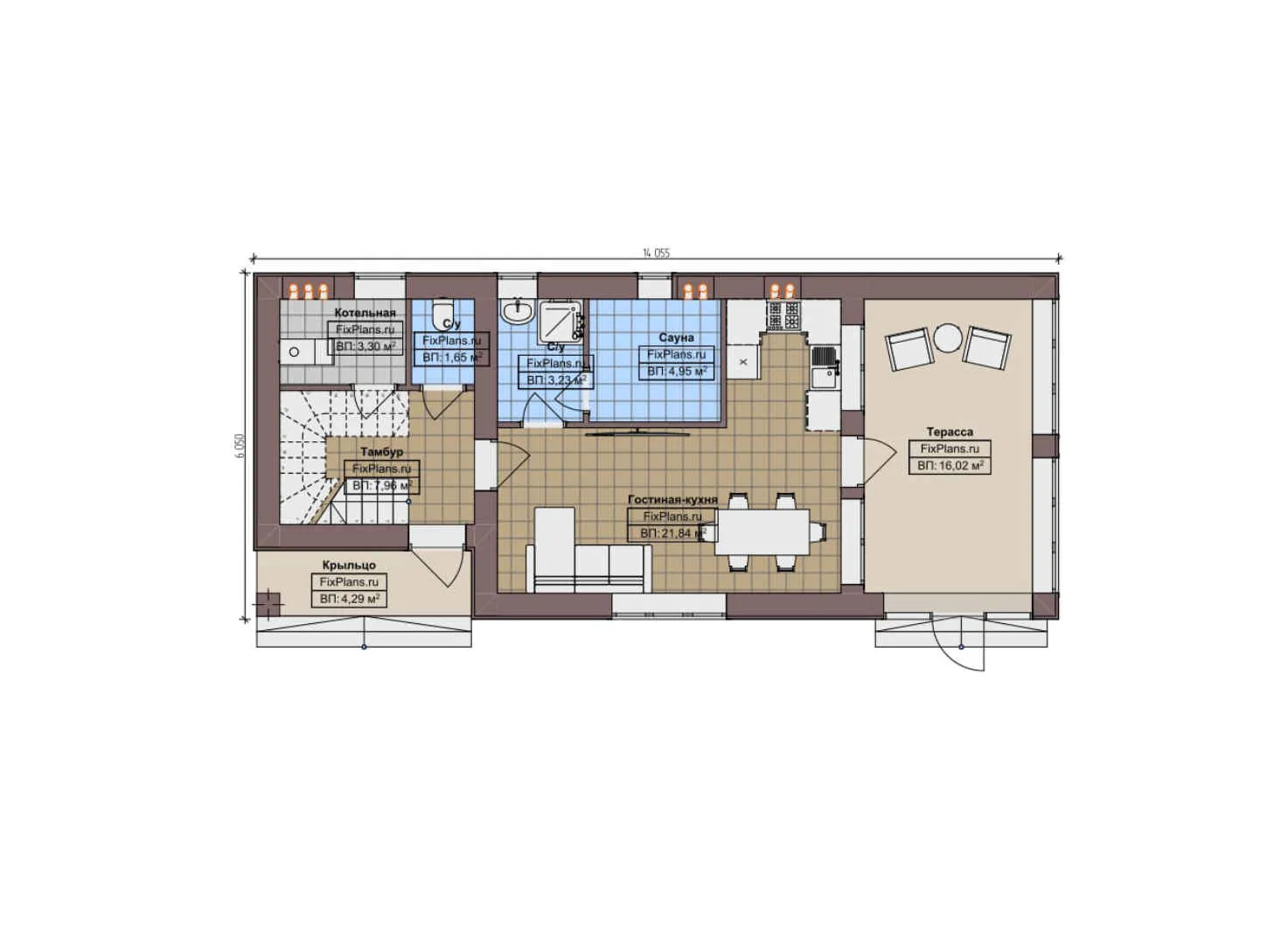 F-10133 - Планы дома с мансардой 7 на 15, площадью 110 м² с террасой, баней и 1 спальнями