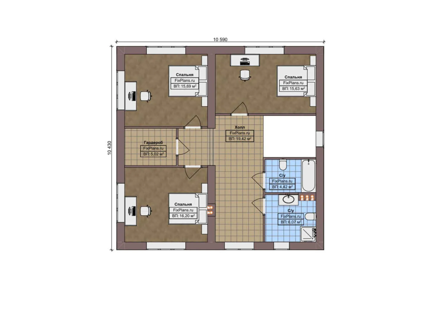 F-10511 - Планы двухэтажного дома 12 на 14, площадью 200 м² с террасой и 4 спальнями
