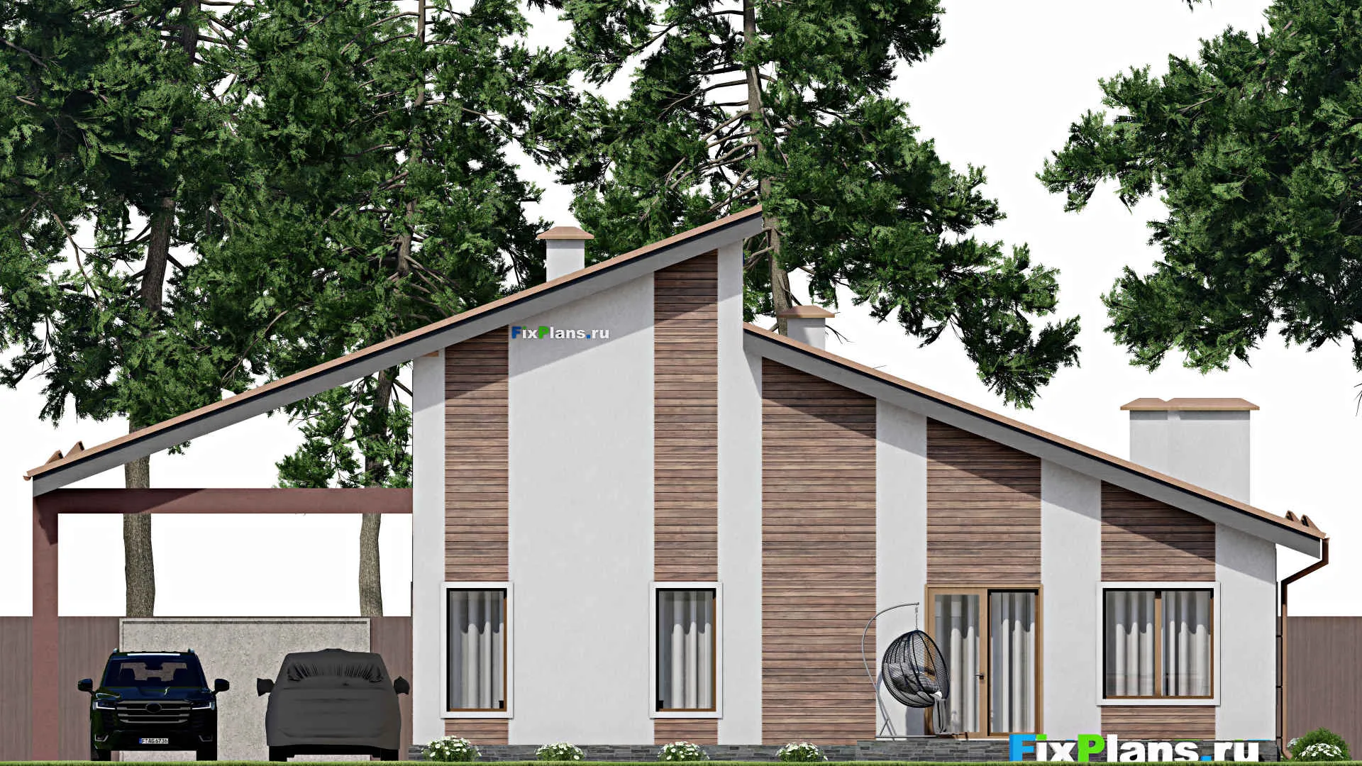 F-9080 - Проект одноэтажного дома 14 на 14, площадью 130 м² с террасой и 2 спальнями