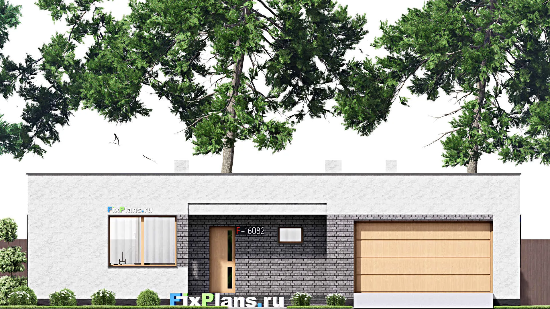 F-16082 - Проект одноэтажного дома 16 на 17, площадью 220 м² с террасой, гаражом на 1 машину и 4 спальнями