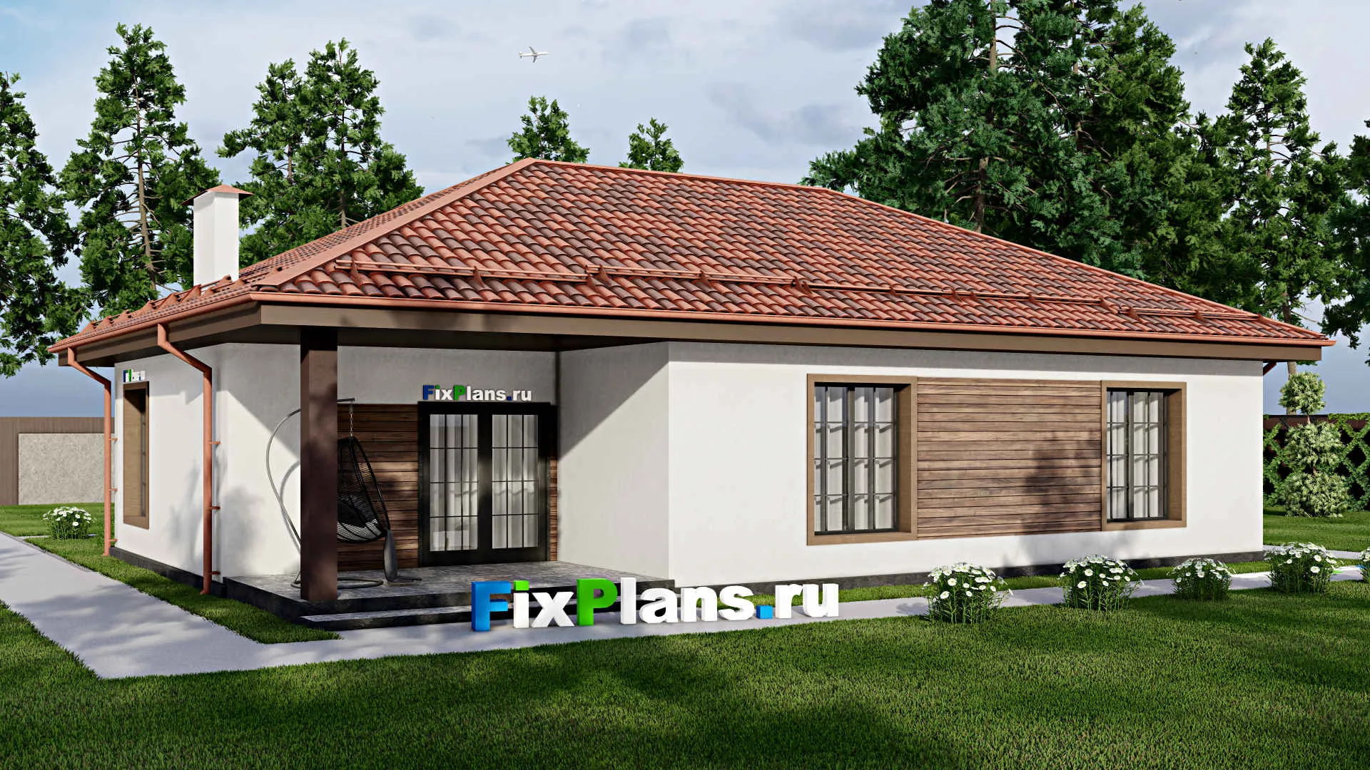 F-8432 - Проект одноэтажного дома 12 на 15, площадью 140 м² с террасой и 3 спальнями