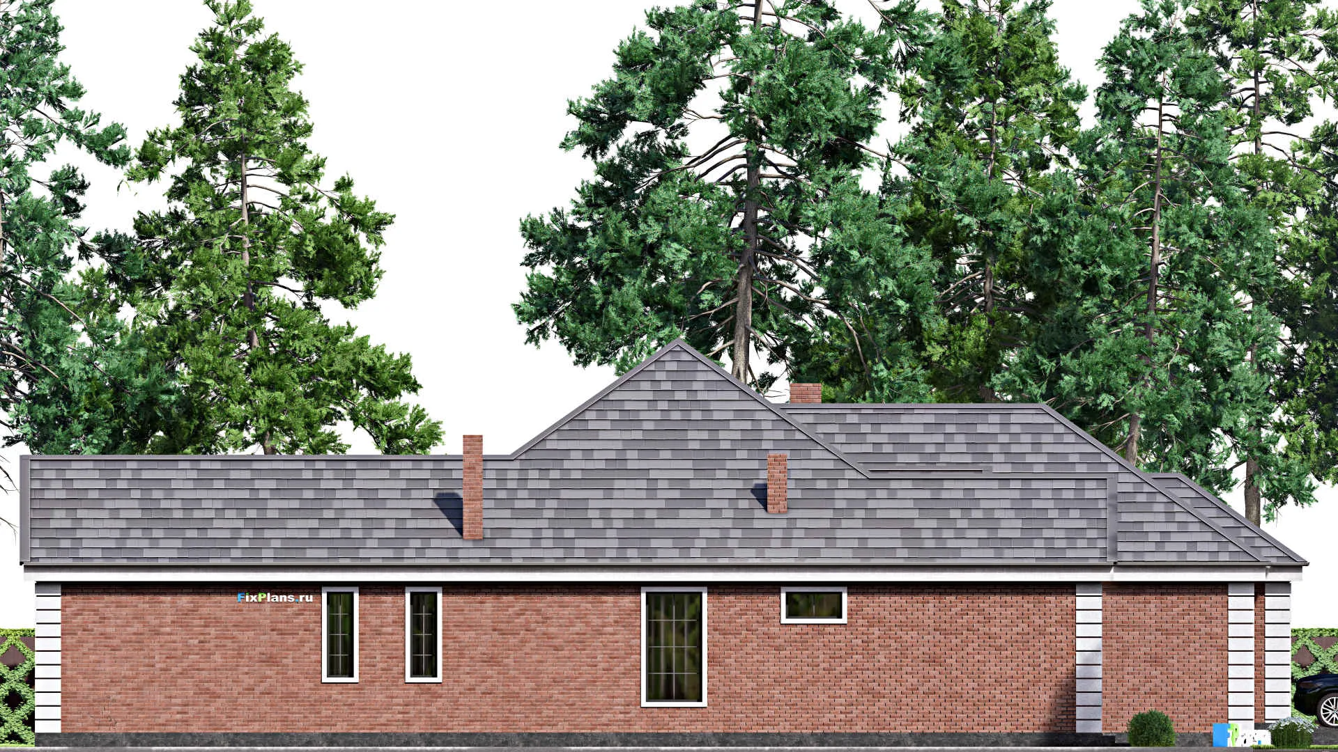 F-16766 - Проект одноэтажного дома 18 на 26, площадью 300 м² с террасой, гаражом на 2 машины и 3 спальнями