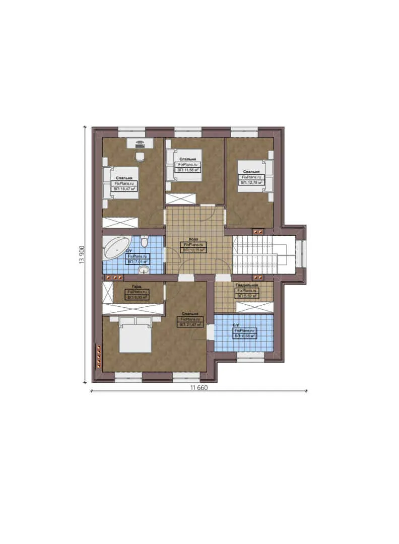 F-0431 - Планы двухэтажного дома 17 на 27, площадью 380 м² с террасой, гаражом на 1 машину, бассейном и 5 спальнями
