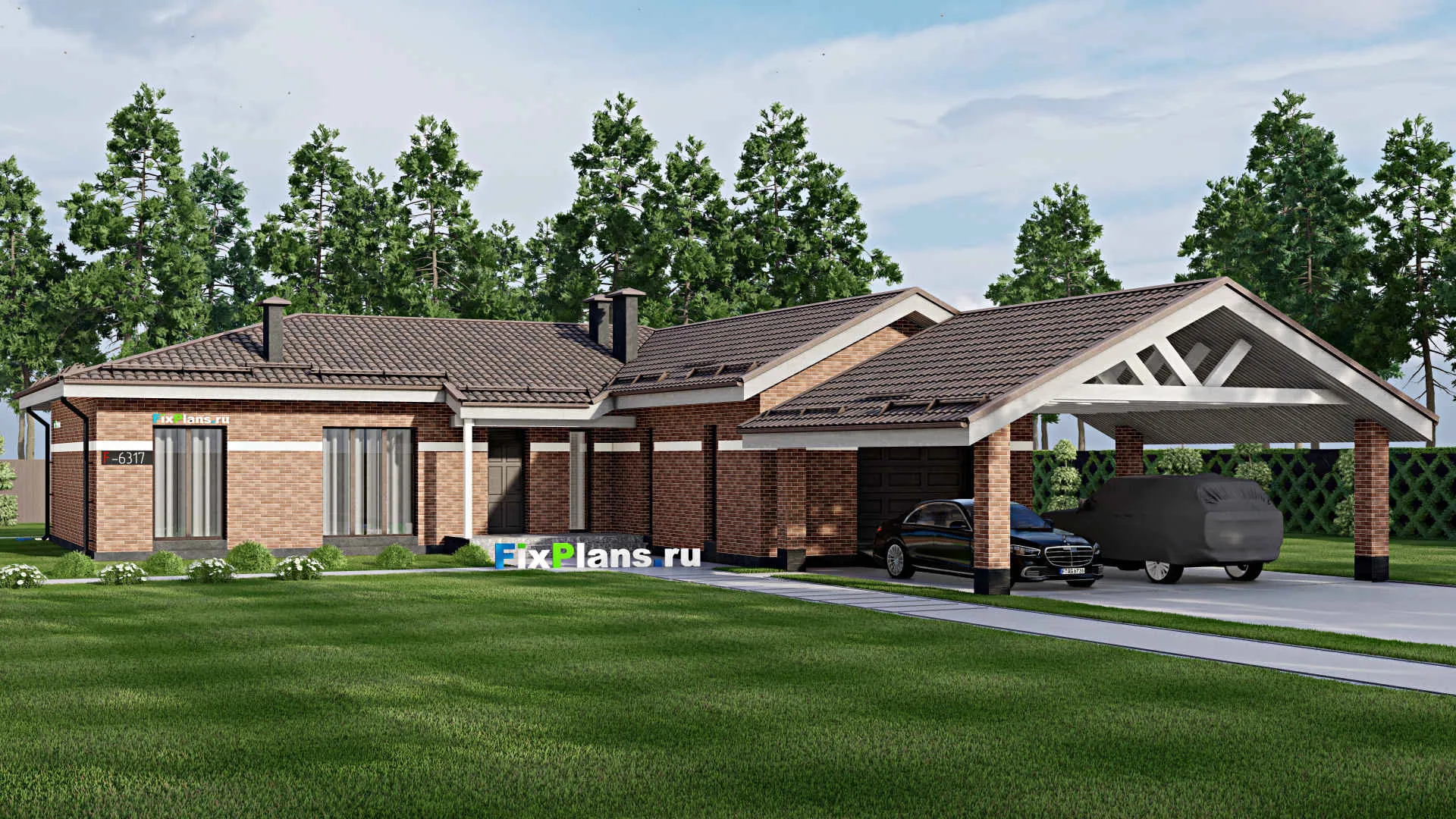 F-6317 - Проект одноэтажного дома 18 на 18, площадью 180 м² с баней, гаражом на 2 машины и 3 спальнями