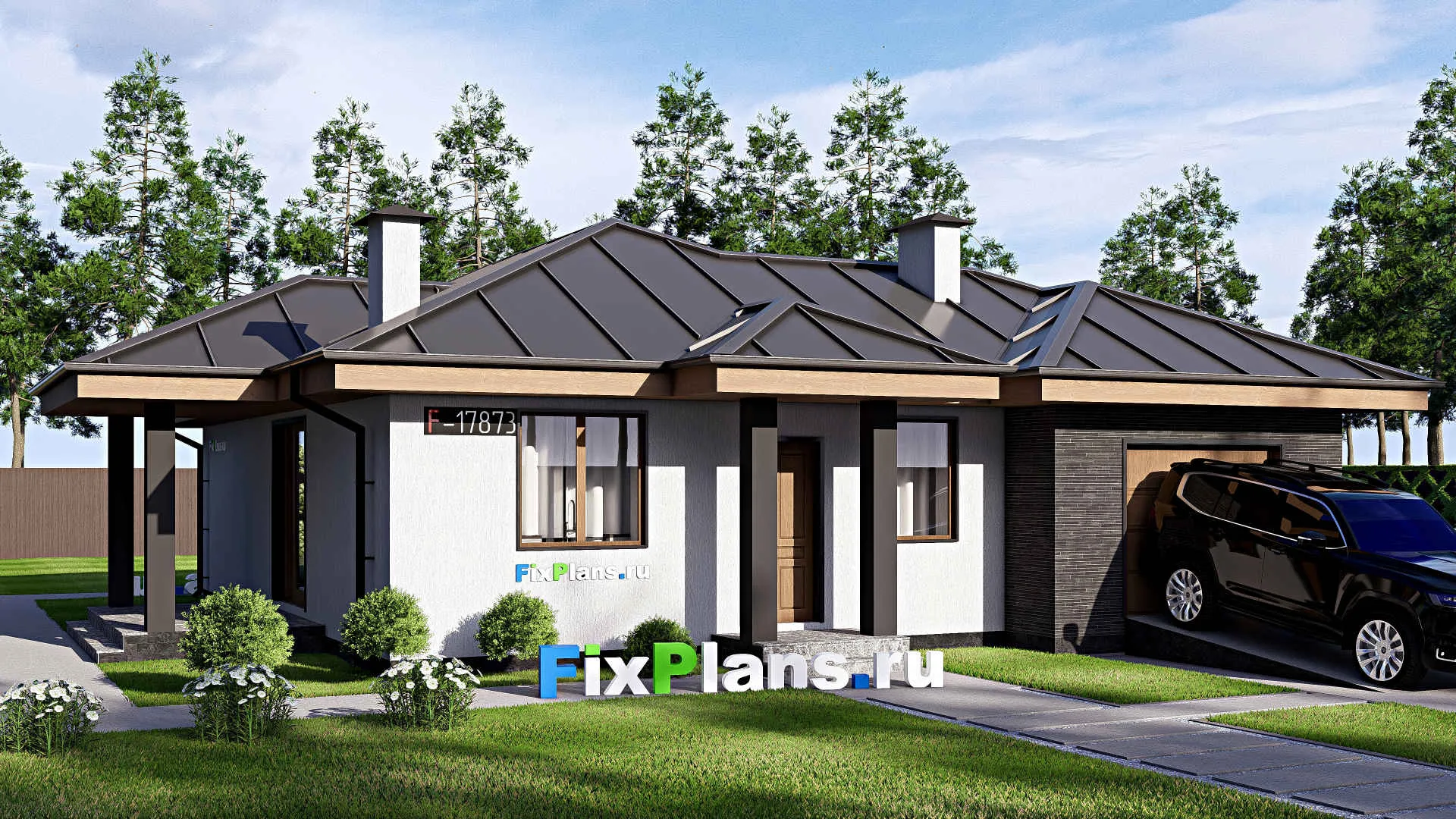 F-17873 - Проект одноэтажного дома 14 на 15, площадью 120 м² с террасой, гаражом на 1 машину и 2 спальнями