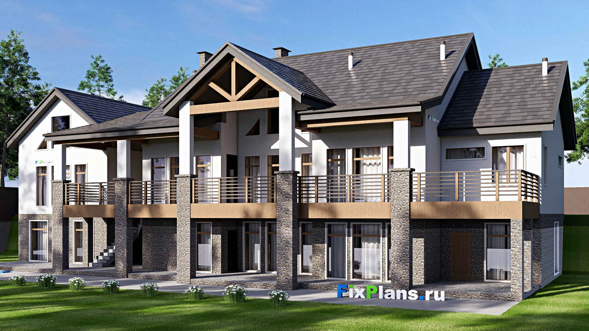 F-20618 - Проект двухэтажного дома 18 на 32, площадью 710 м² с террасой, цокольным этажом, гаражом на 2 машины и 5 спальнями