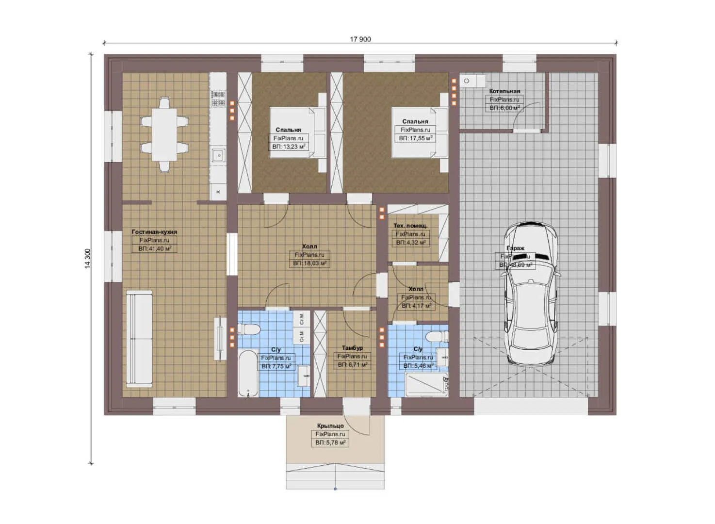 F-10781 - План одноэтажного дома 15 на 18, площадью 180 м² с гаражом на 2 машины и 2 спальнями