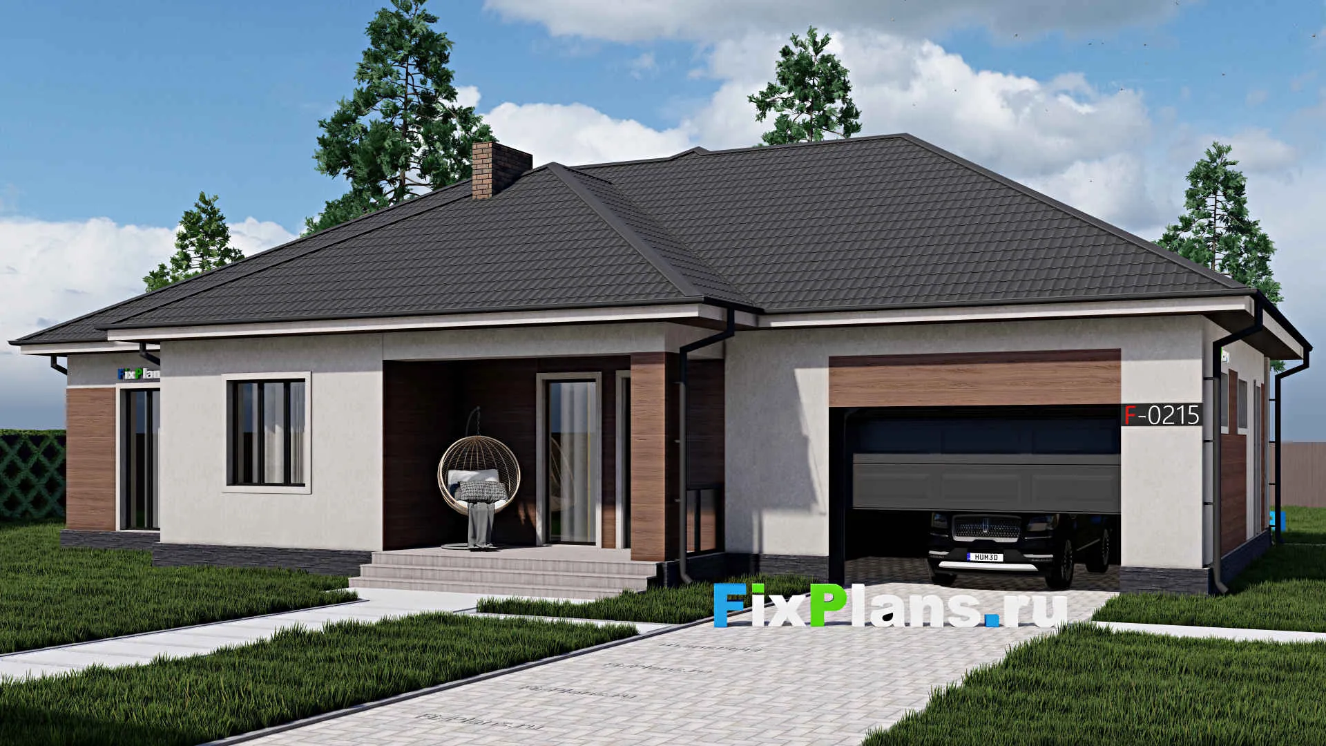F-0215i - Проект одноэтажного дома 18 на 20, площадью 230 м² с террасой, гаражом на 2 машины и 3 спальнями