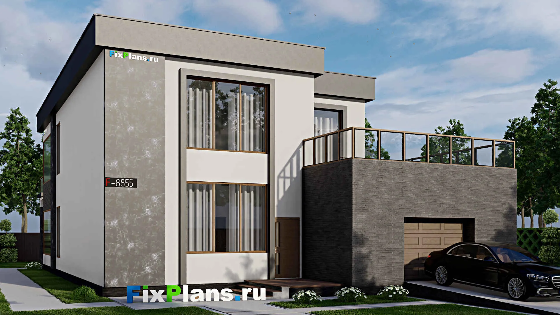 F-8855 - Проект двухэтажного дома 14 на 24, площадью 440 м² с террасой, балконом, гаражом на 2 машины и 6 спальнями