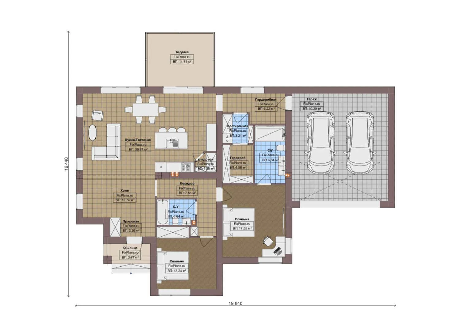 F-20537 - План одноэтажного дома 17 на 20, площадью 180 м² с террасой, гаражом на 2 машины и 2 спальнями