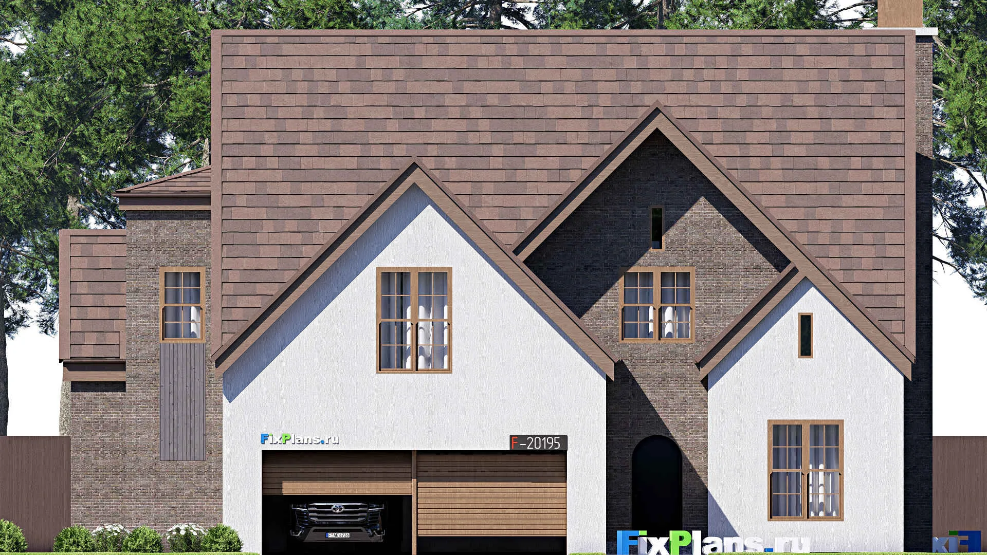 F-20195 - Проект одноэтажного дома 17 на 20, площадью 300 м² с террасой, гаражом на 2 машины и 4 спальнями