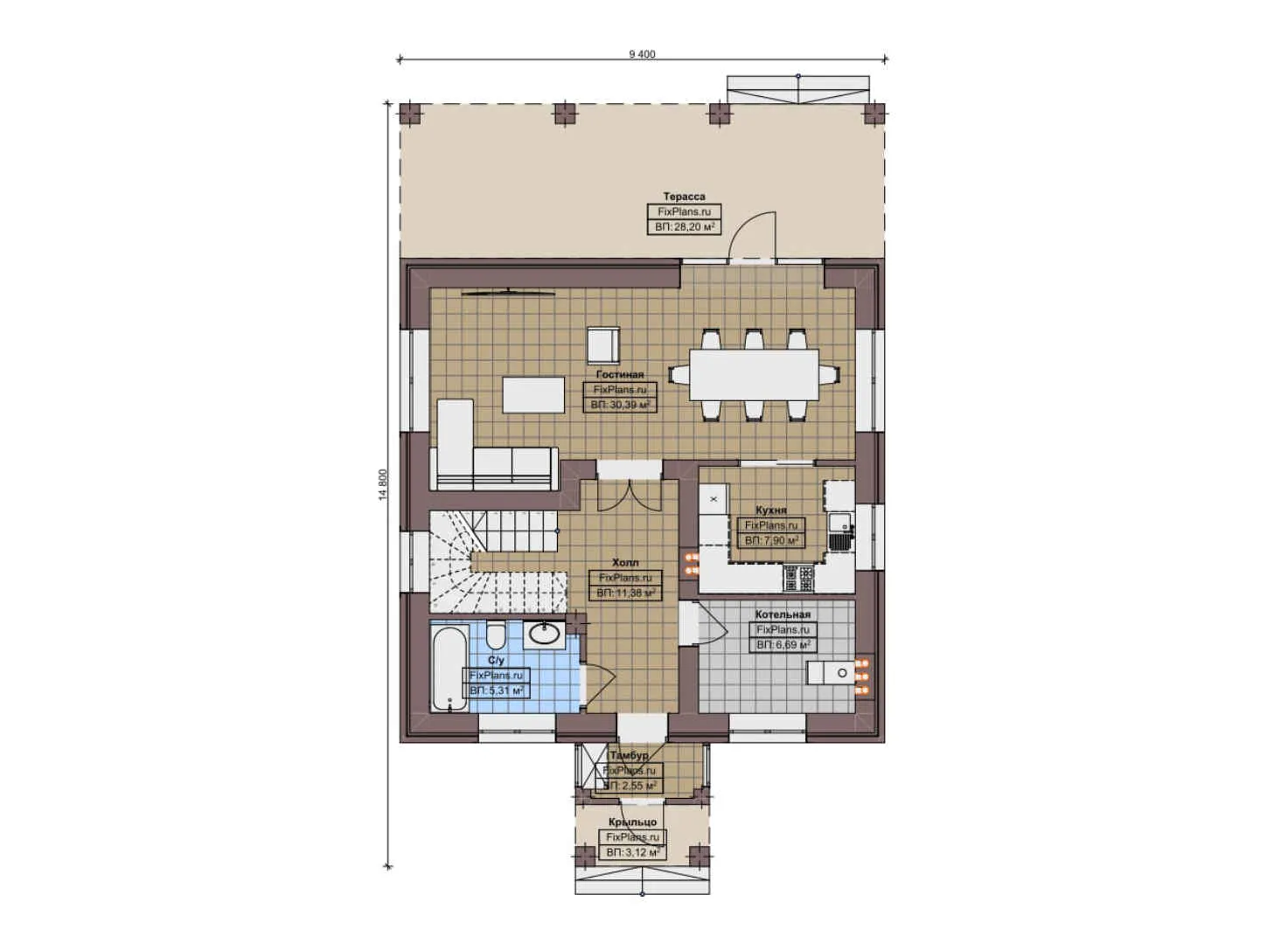 F-9854 - Планы дома с мансардой 10 на 15, площадью 160 м² с террасой и 3 спальнями