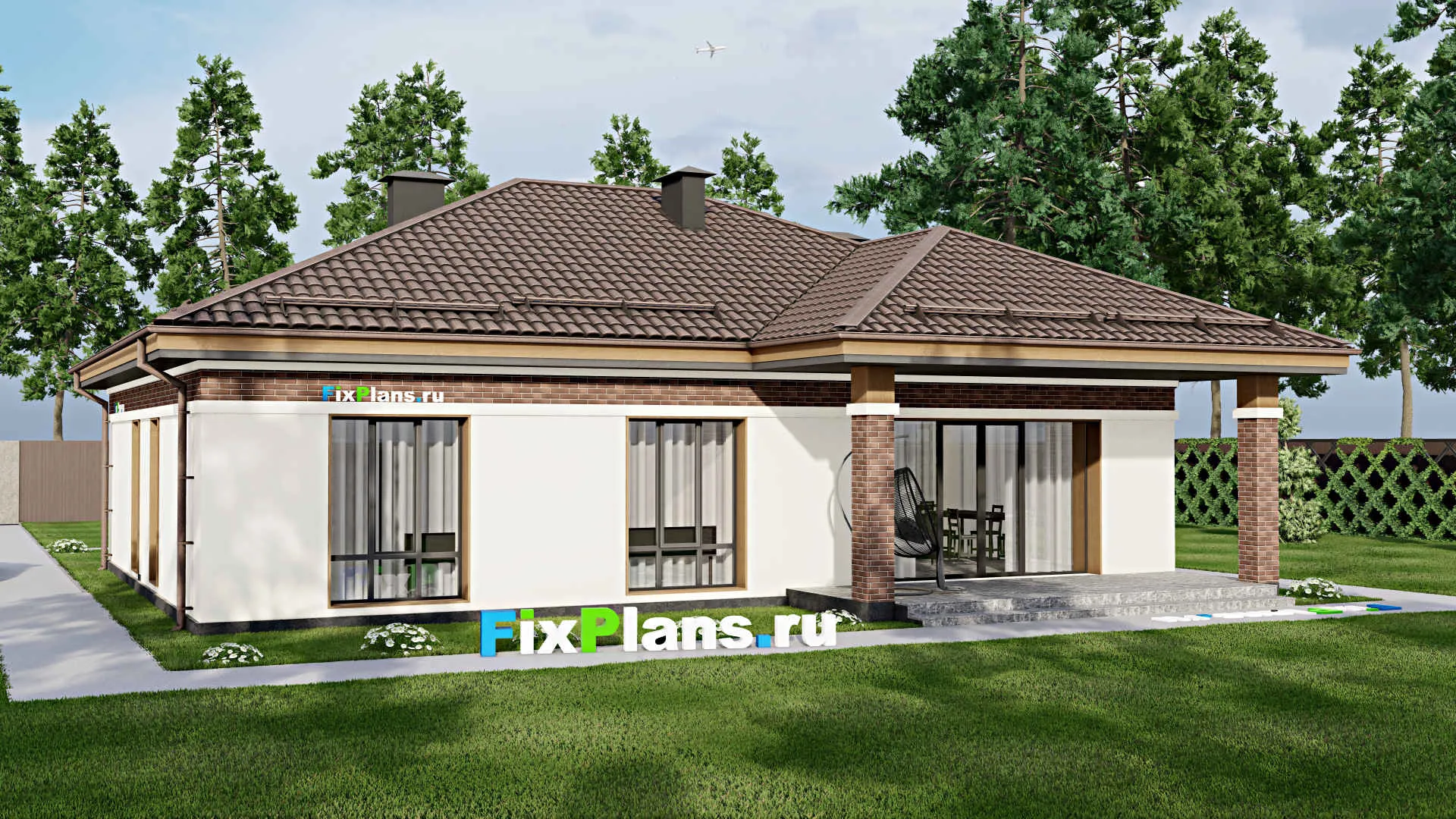 F-5462 - Проект одноэтажного дома 12 на 15, площадью 160 м² с террасой и 3 спальнями