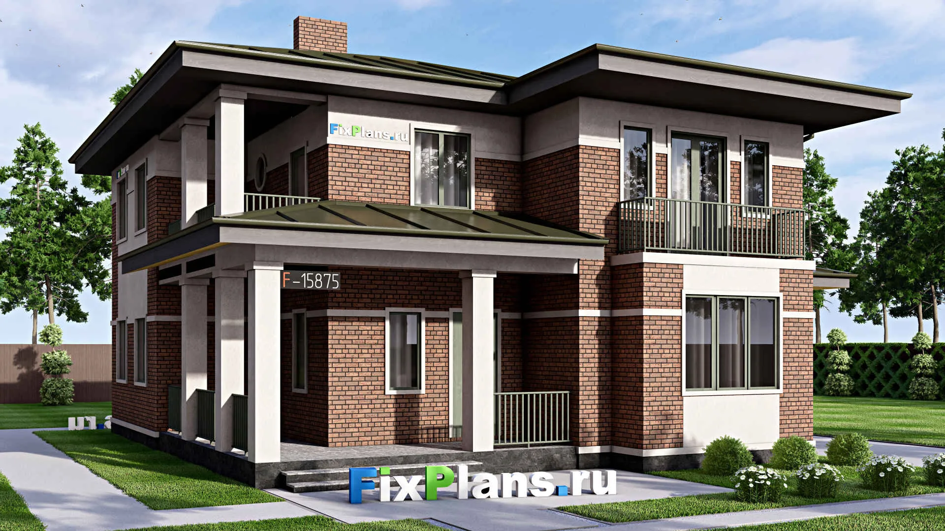 F-15875 - Проект двухэтажного дома 14 на 16, площадью 260 м² с террасой, балконом и 4 спальнями