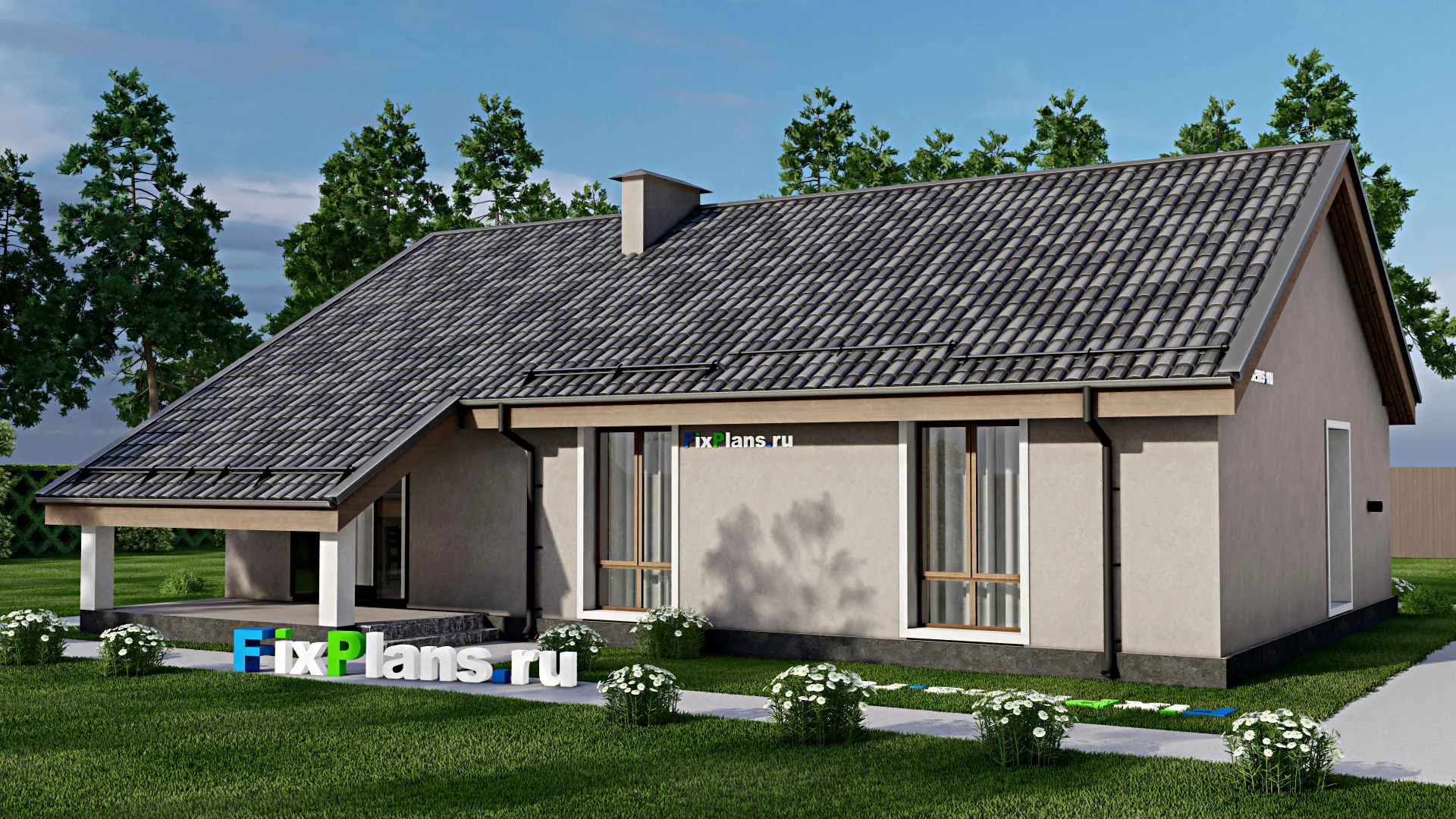 F-10016 - Проект одноэтажного дома 14 на 15, площадью 130 м² с террасой и 3 спальнями