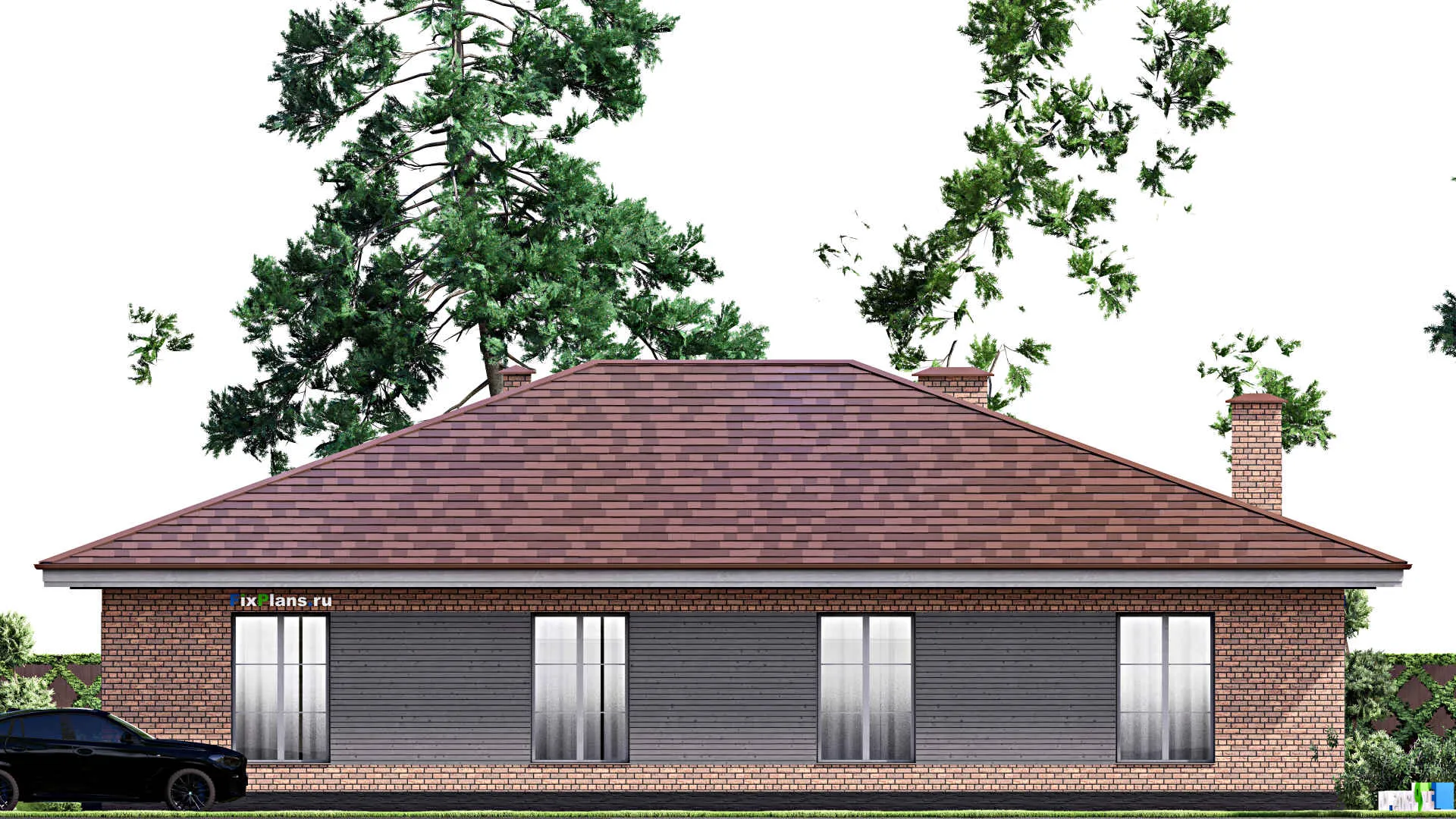 F-15236 - Проект одноэтажного дома 15 на 19, площадью 210 м² с террасой и 4 спальнями