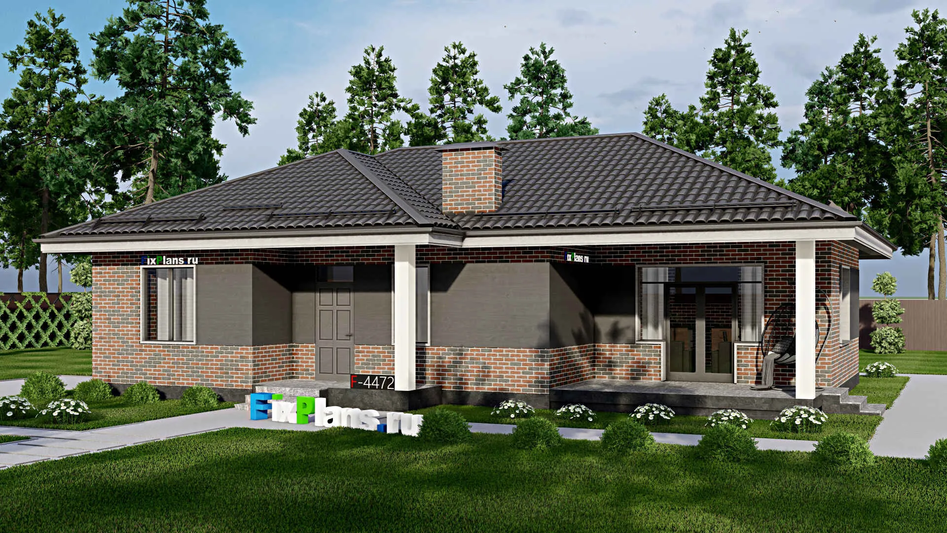F-4472 - Проект одноэтажного дома 11 на 16, площадью 120 м² с террасой и 3 спальнями