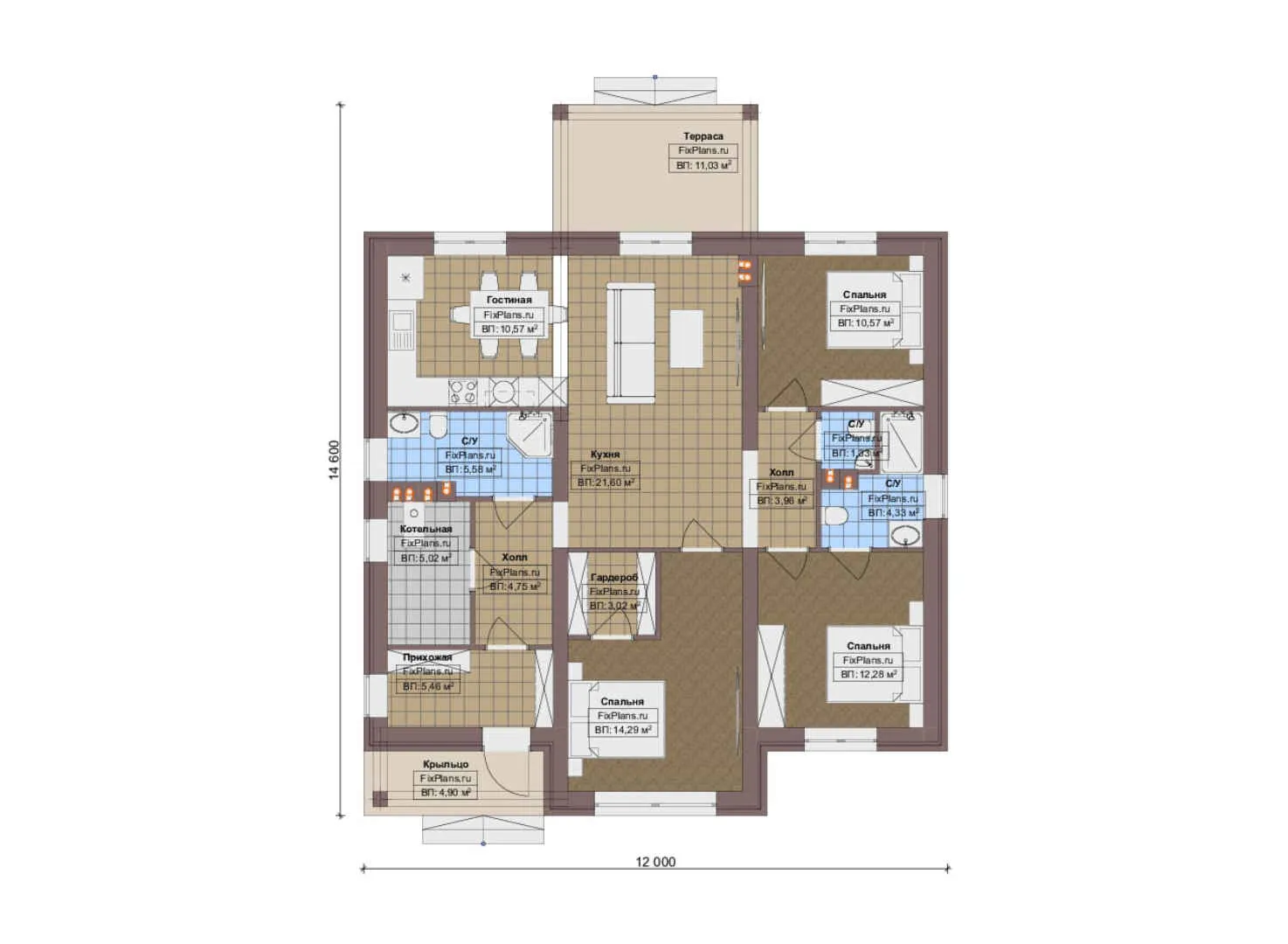 F-20348 - План одноэтажного дома 12 на 15, площадью 120 м² с террасой и 3 спальнями