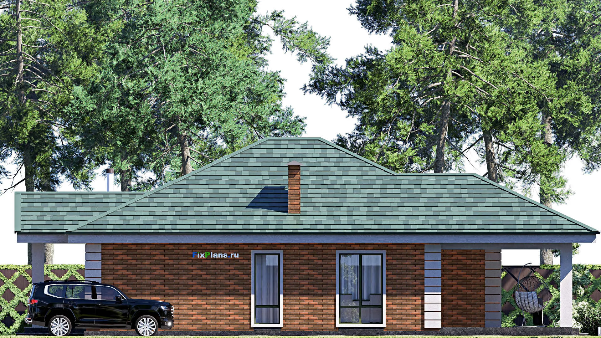 F-19421 - Проект одноэтажного дома 17 на 18, площадью 200 м² с террасой и 4 спальнями