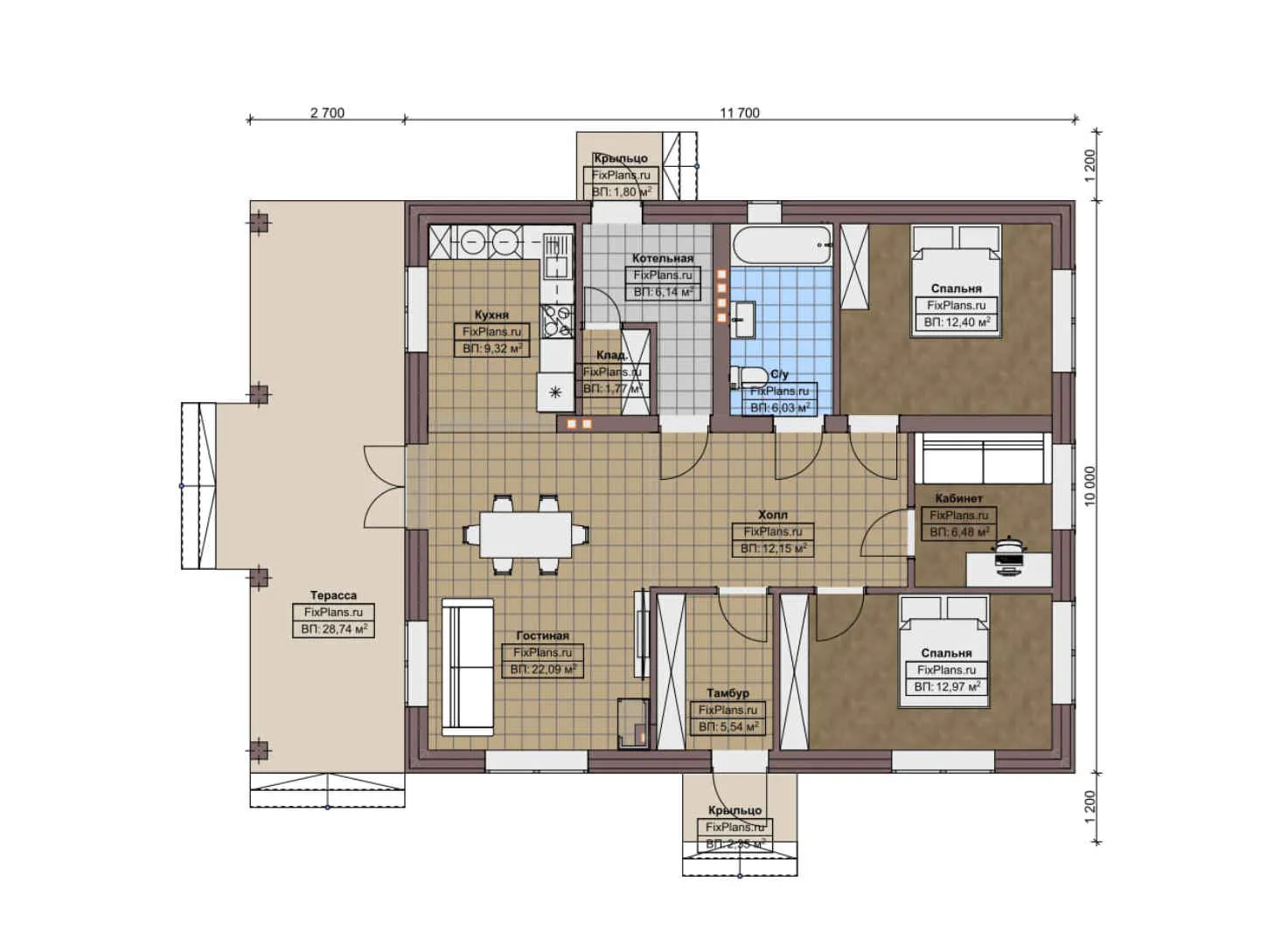 F-6029 - План одноэтажного дома 10 на 12, площадью 130 м² с террасой и 2 спальнями