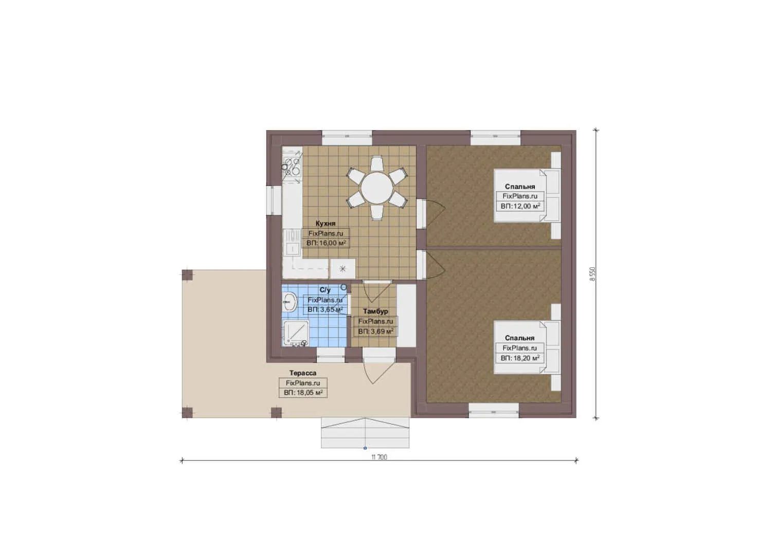 F-12878 - План одноэтажного дома 9 на 12, площадью 80 м² с террасой и 2 спальнями