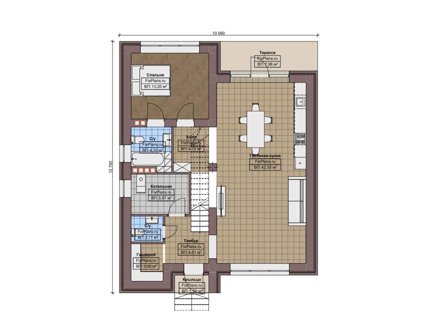 F-8639 - Планы дома с мансардой 11 на 13, площадью 130 м² с террасой, вторым светом и 3 спальнями