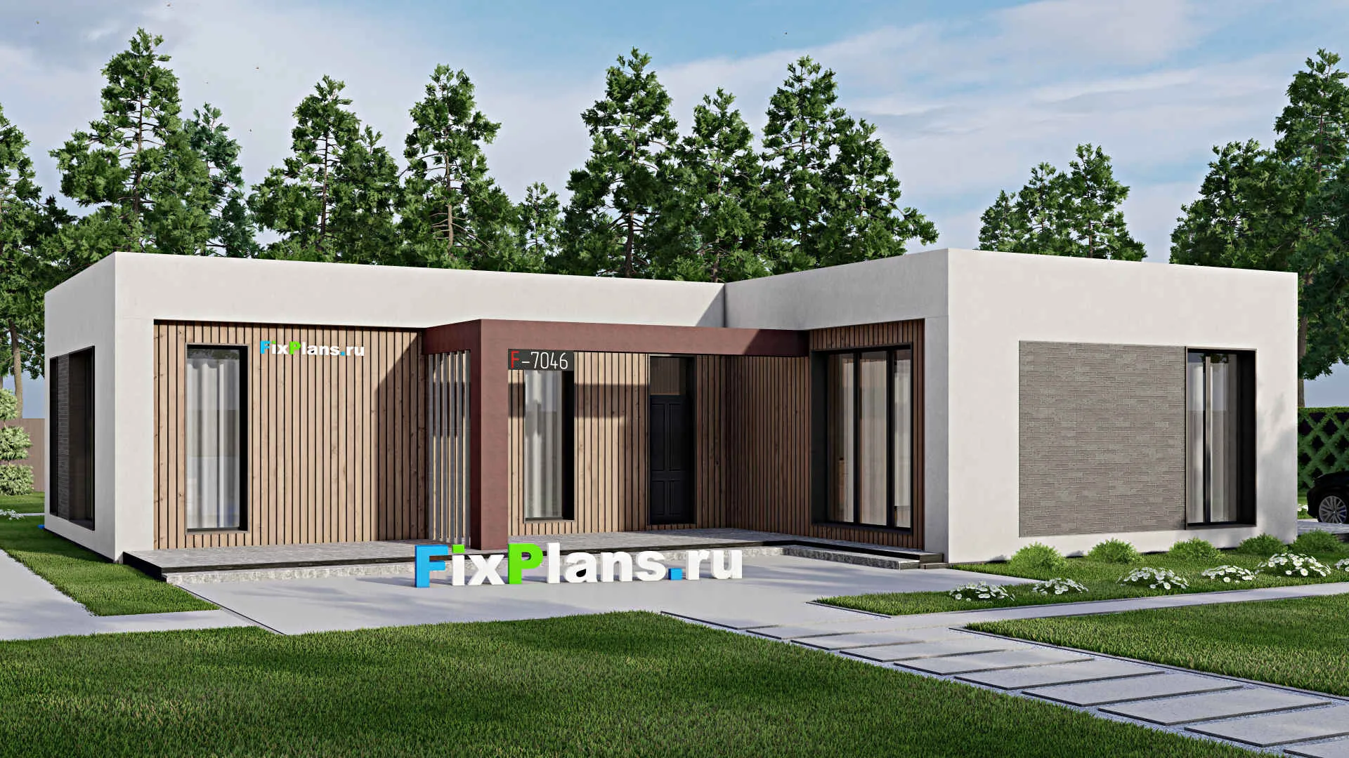 F-7046 - Проект одноэтажного дома 17 на 20, площадью 230 м² с террасой и 3 спальнями