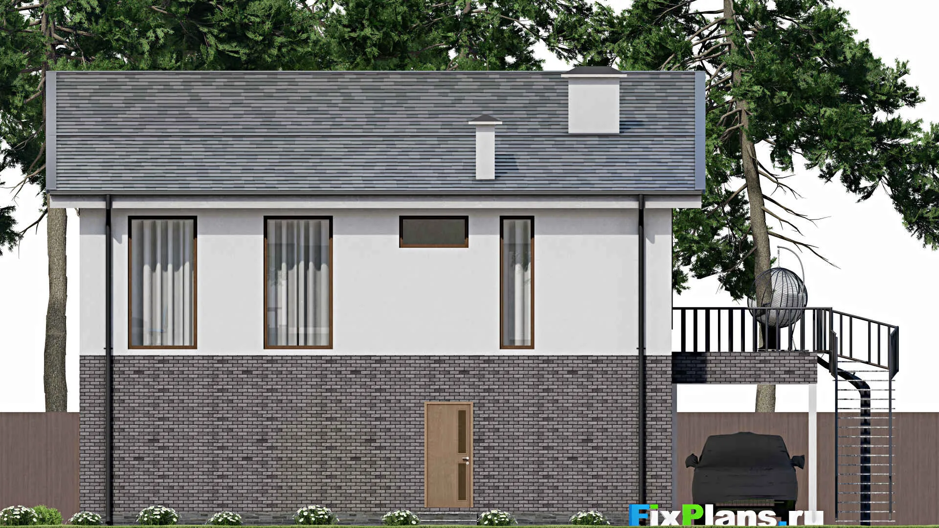 F-7775 - Проект двухэтажного дома 12 на 15, площадью 220 м² с террасой, гаражом на 2 машины и 3 спальнями