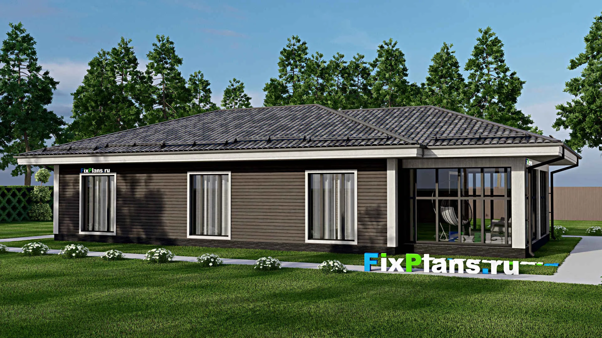 F-7748 - Проект одноэтажного дома 12 на 19, площадью 160 м² с террасой и 3 спальнями