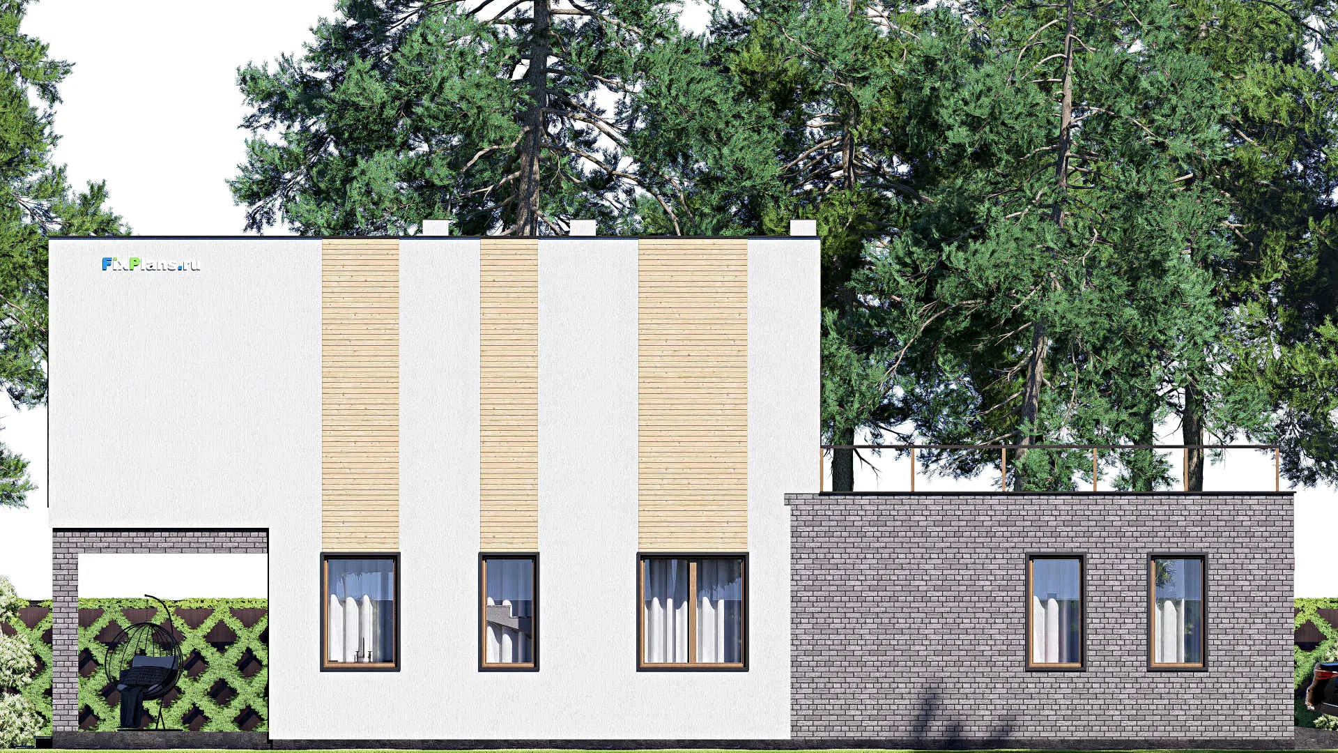 F-17567 - Проект двухэтажного дома 14 на 20, площадью 310 м² с террасой, балконом, гаражом на 1 машину и 2 спальнями