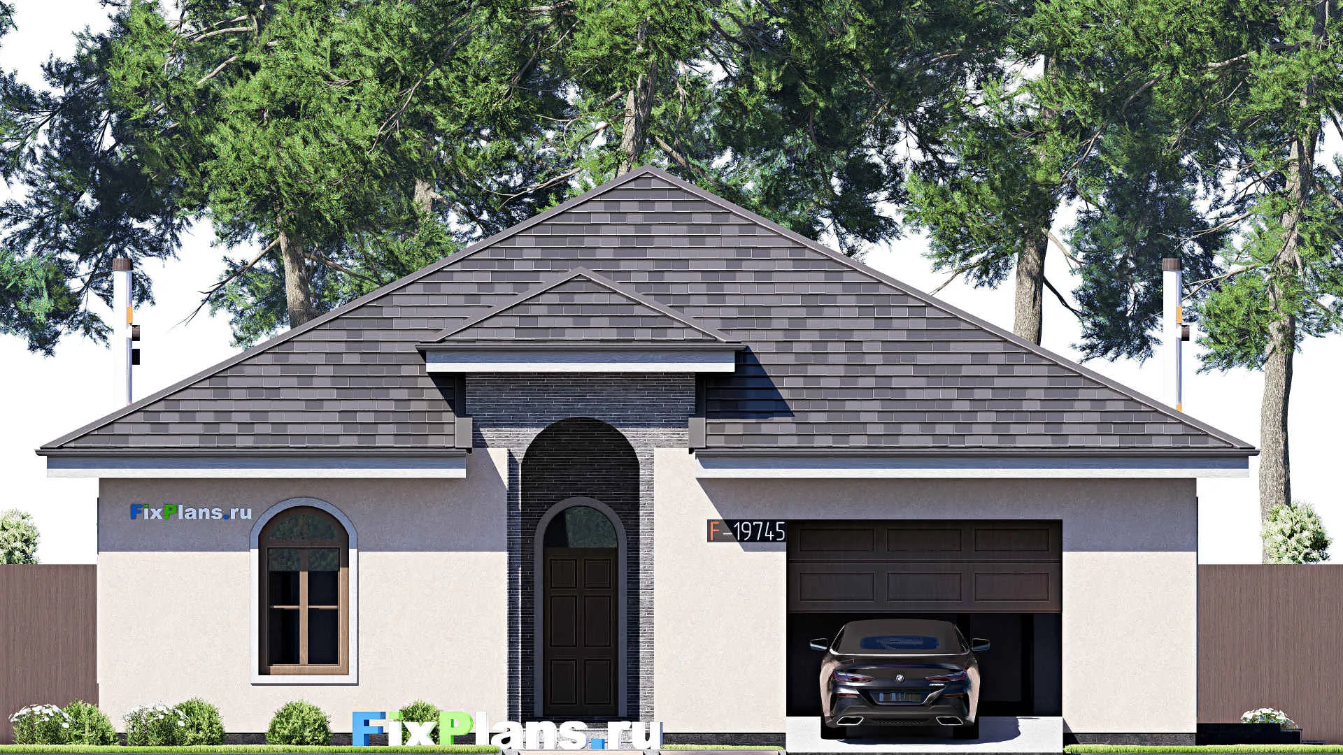 F-19745 - Проект одноэтажного дома 14 на 19, площадью 200 м² с гаражом на 2 машины и 3 спальнями
